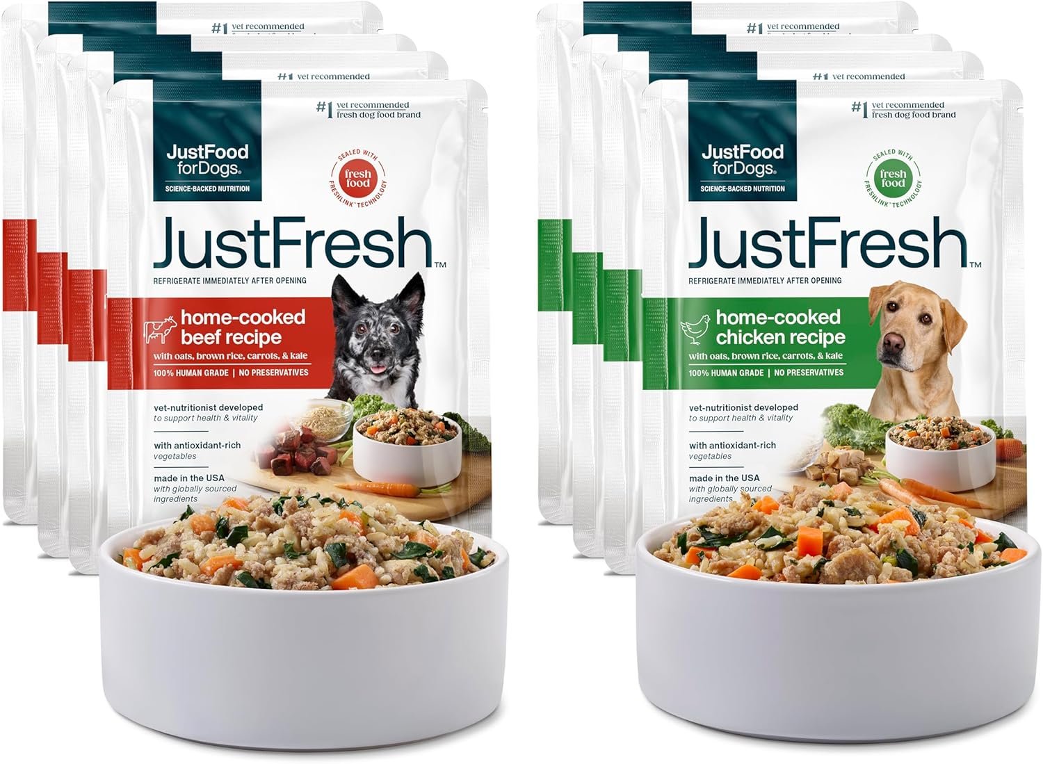 JustFoodForDogs JustFresh Wet Dog Food, Fresh Pet Meals and Toppers with No Preservatives, Resealable Package, Human Grade, Home-Cooked Beef & Chicken, 12 oz – 8 Pack