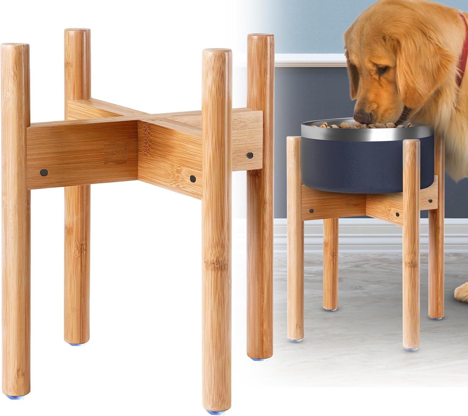 Dog Bowl Stand – Mid-Large Dogs Suitable – Elevate, Raise Bowl to 12-inch High – Adjustable, Fits Any Pet Food/Water Feeders, and Fountains – Durable Bamboo