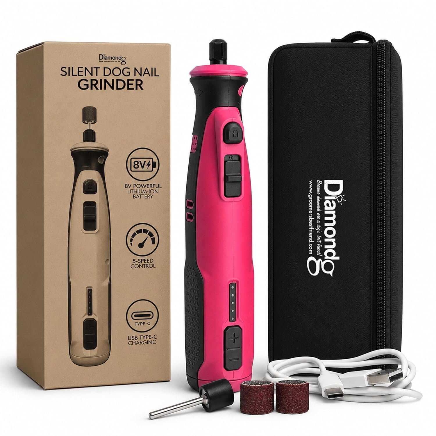 Diamondg Cordless Dog Nail Grinder with Quiet Sound & LED Tip for Large & Small Dogs, 4hrs. Runtime – Electric Dog Nail Trimmer, Heavy Duty Rotary Tool Alternative to Toenail Clippers & Filers