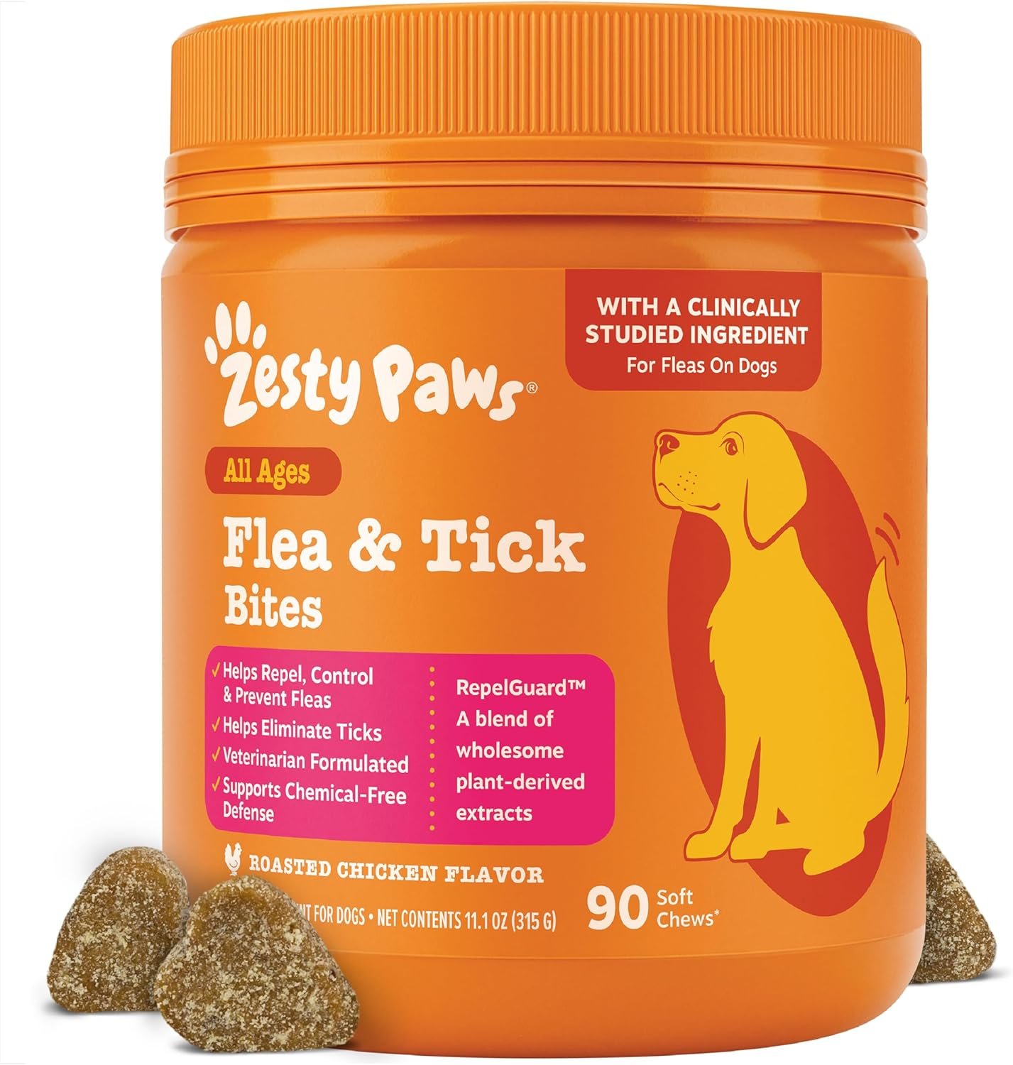 Zesty Paws Flea and Tick Prevention for Dogs Chewable – Prevention, Protection & Repellent – Dog Supplement to Kill & Control Fleas & Ticks – Roast Chicken Flavor, 90 Ct
