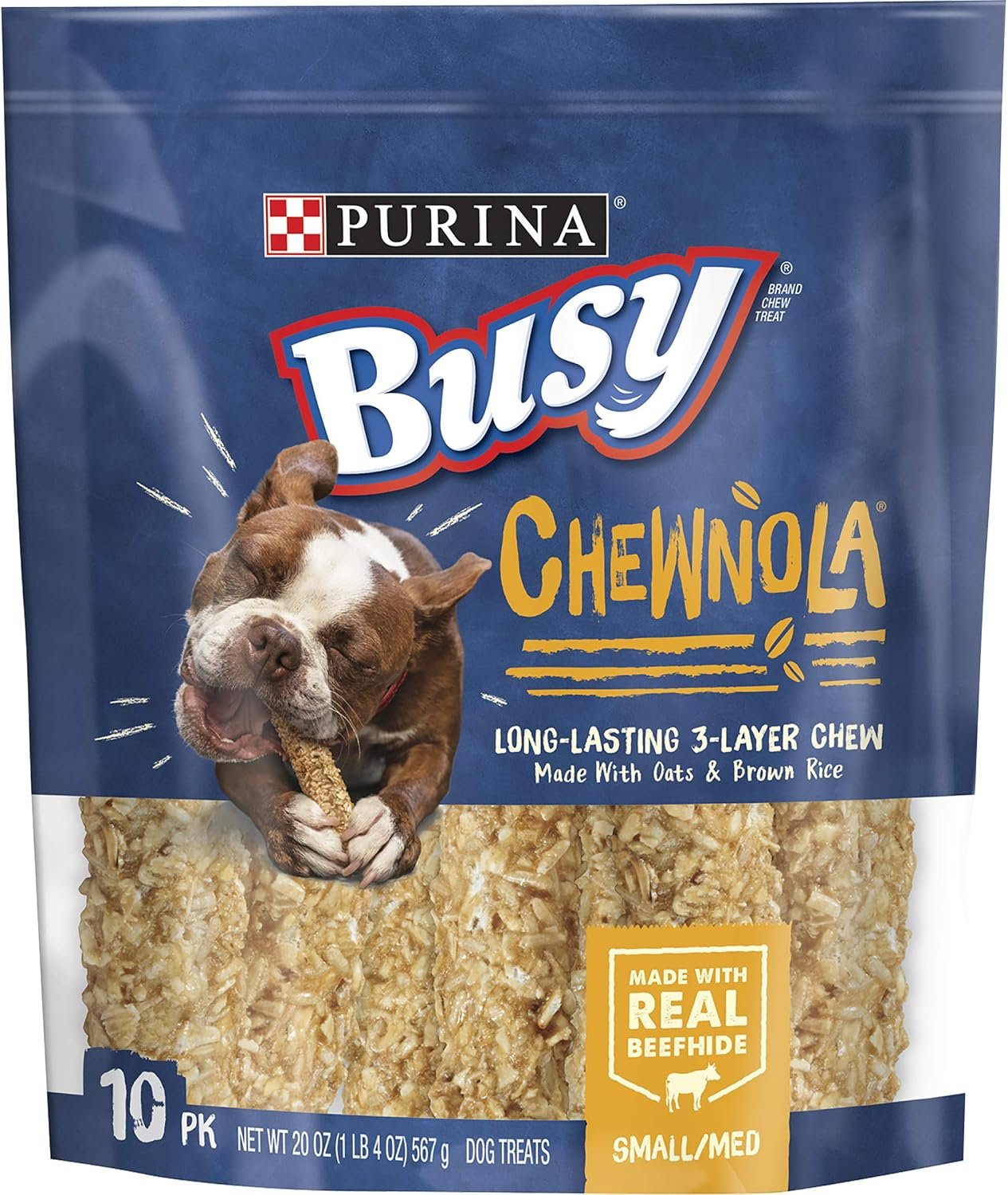Purina Busy Rawhide Small/Medium Breed Dog Bones, Chewnola with Oats & Brown Rice – 10 ct. Pouch