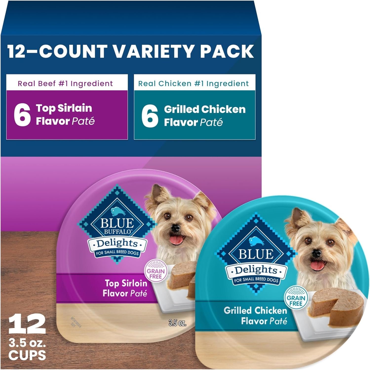 Blue Buffalo Delights Variety Pack Natural Grain Free Wet Dog Food for Small Breed Dogs (Top Sirloin Flavor Paté and Grilled Chicken Flavor Paté) with Natural Ingredients, 3.5-oz. Each (12 Cups)