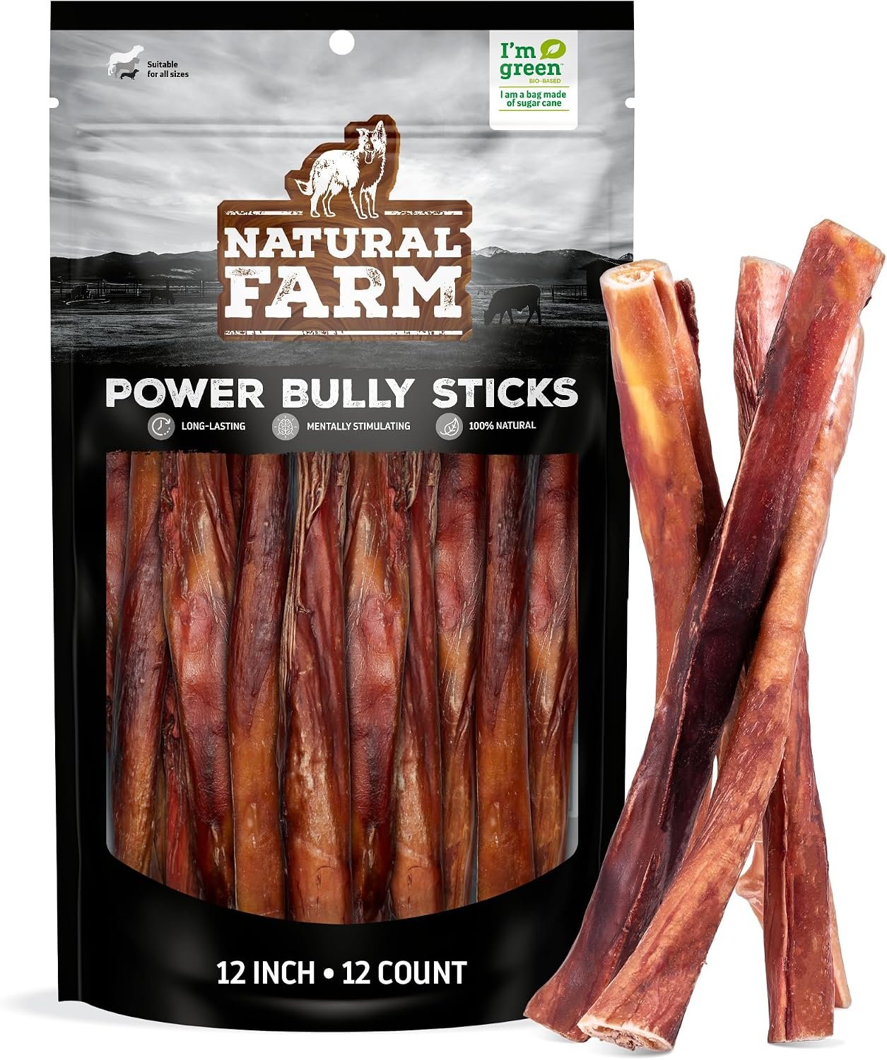 Natural Farm Power Bully Sticks Dog Chews (12”, 12-Pack), 2-in-1 Power Chews: Premium Beef Cheek Wrapped in Beef Pizzle, Double Chewing Time, Great Dog Dental Treats, for Small, Medium & Large Dogs