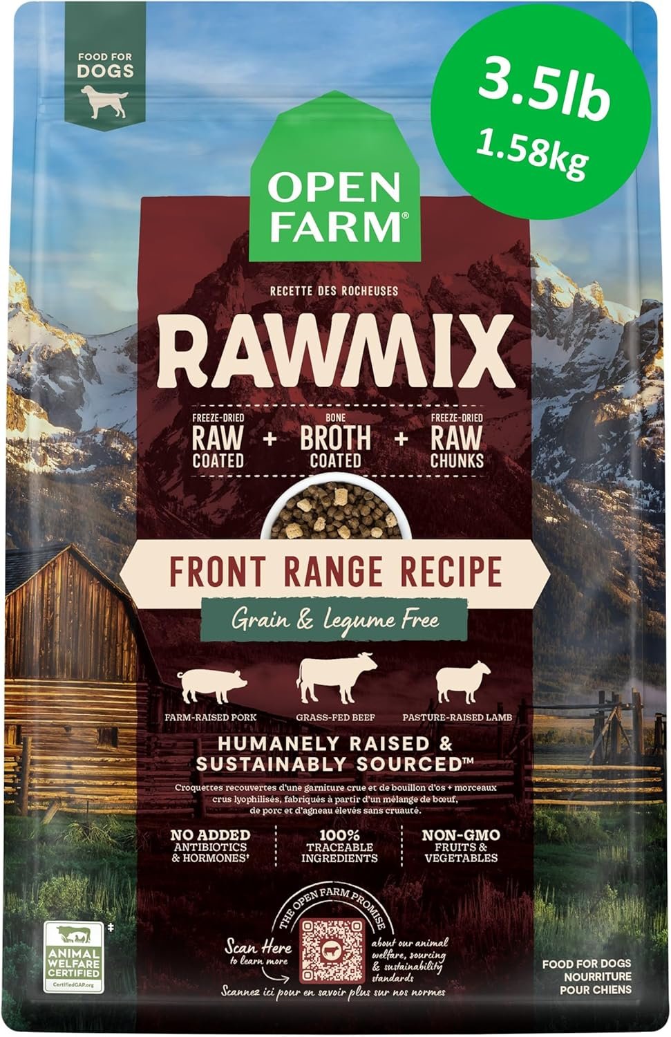 Open Farm, RawMix Grain-Free Dry Dog Food, Protein-Packed Kibble Coated in Bone Broth with Freeze Dried Raw Chunks, Beef Pork & Lamb, Front Range Recipe, 3.5lb Bag