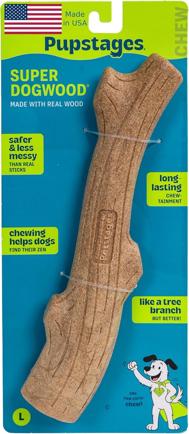 Pupstages Super Dogwood Dog Chew Toy, Made in the USA, Real-Wood Blend, NaturalWood Flavor & Texture, Moderate Chewers, Large, 11″