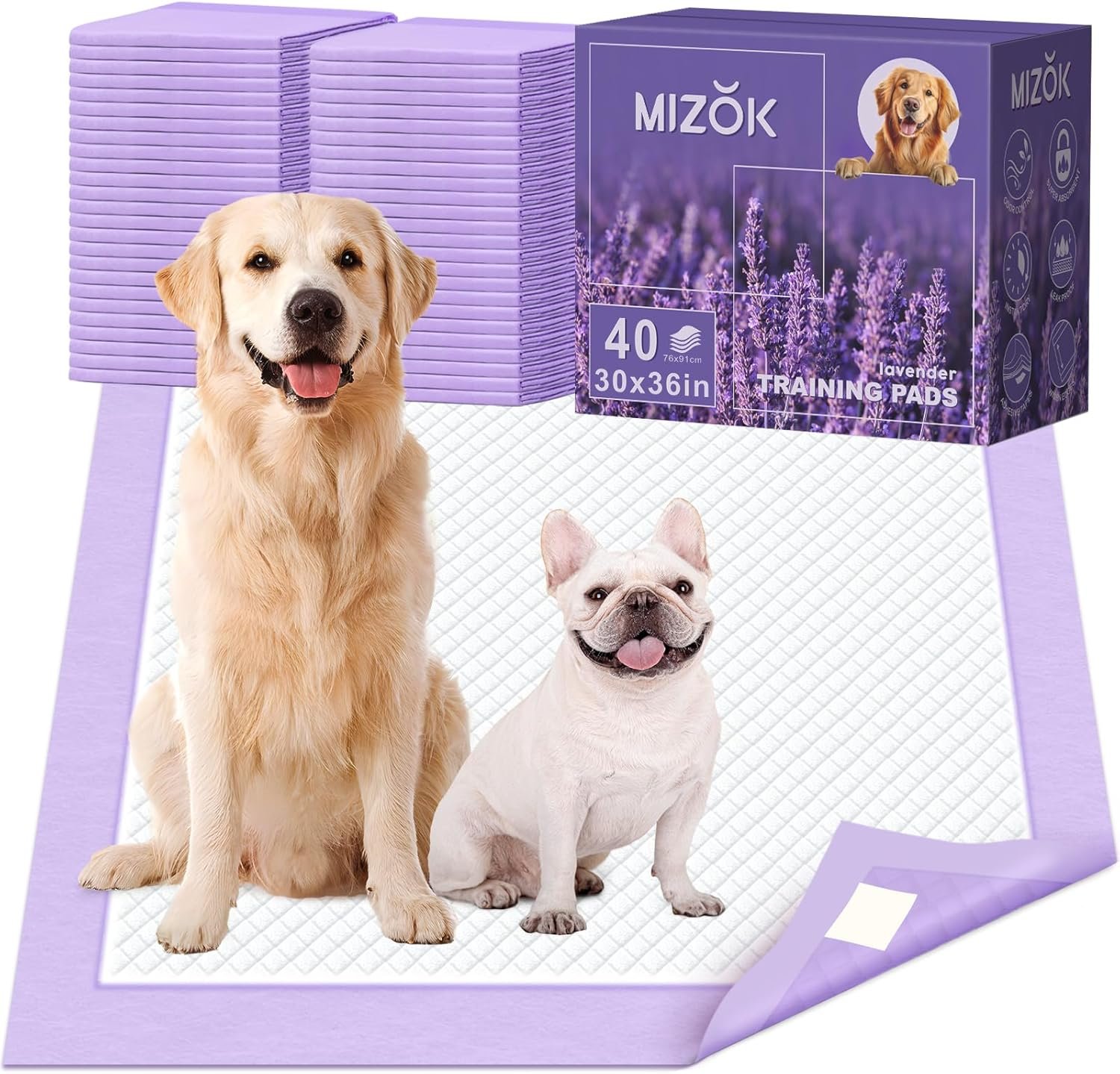 MIZOK Dog Pee Pads 30x36in, Pee Pads for Dogs XL Lavender Scented Odor Eliminating Super Absorbent Up to 10 Cups with 6-Layer Leak-Proof Quick-Dry Purple (40 Counts)