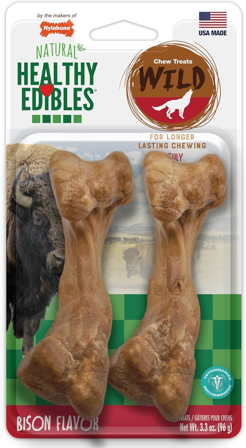 Nylabone Healthy Edibles WILD Natural Dog Bones Long Lasting, Bison Flavor Bone Dog Treats, Medium (2 Count)