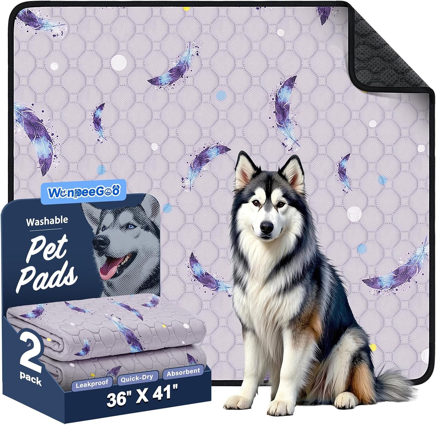 WanpeeGoo Washable Pee Pads for Dogs, 2Pack Reusable Puppy Pads, Super Absorbent & Leakproof Dog Pads, Anti-Slip Dog Pee Pads for Puppy Training & Incontinence, Feather Pattern 36″x41″
