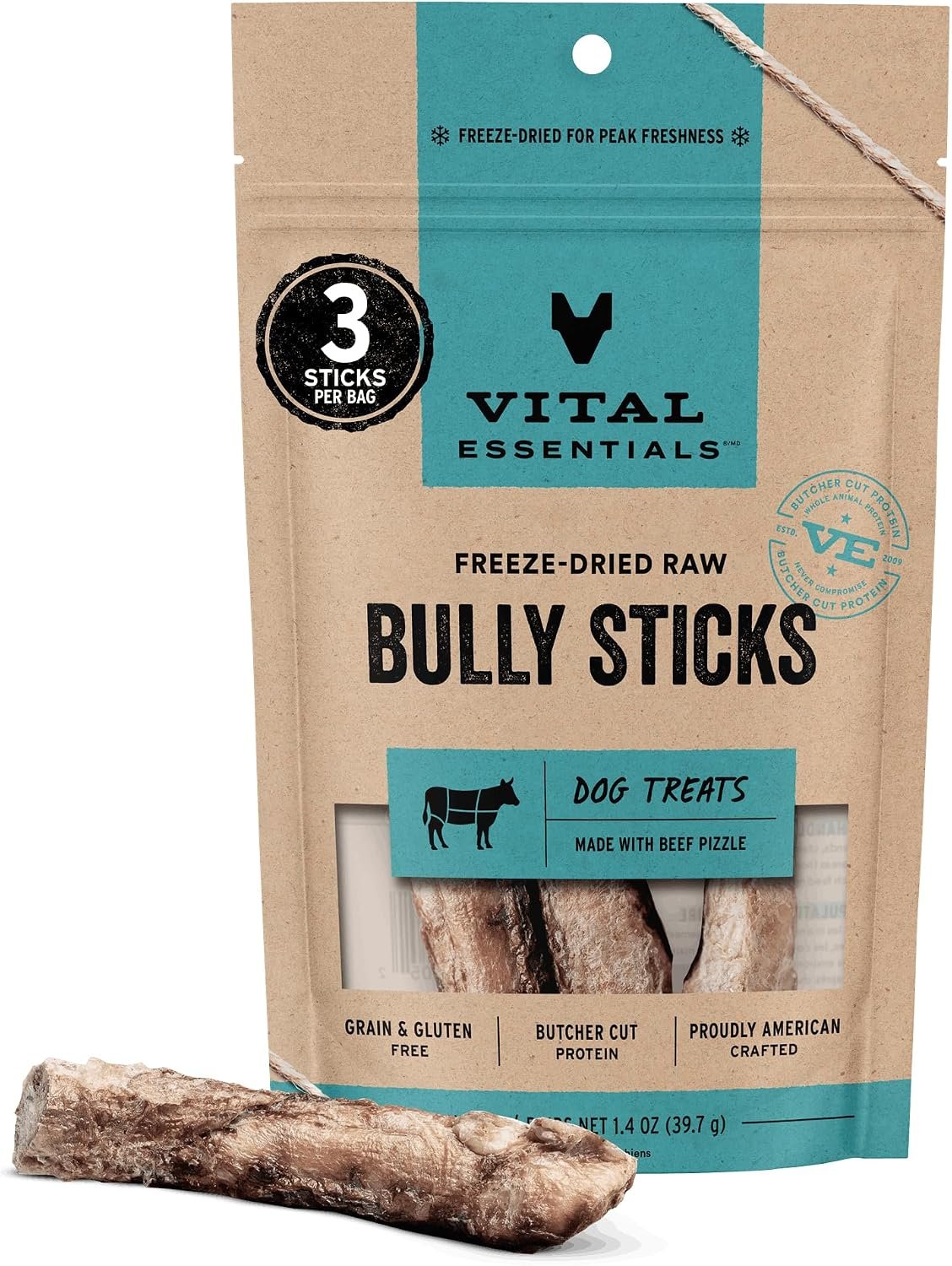 Vital Essentials Freeze Dried Bully Sticks Dog Treats | Premium Quality, Long Lasting | Grain Free Treats for Dogs, (3 Count) 1.4 oz Bag