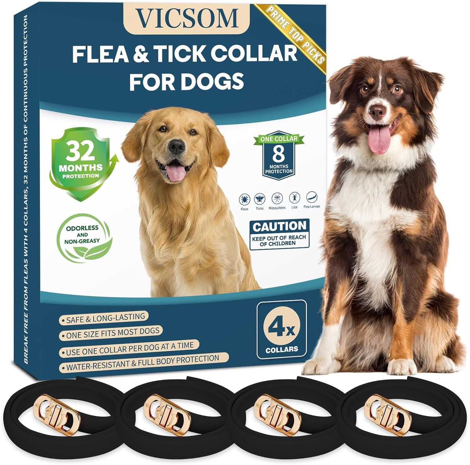 4 Pack Flea & Tick Protection for Dogs, 32-Month Waterproof Adjustable Repellent Collar, Long-Lasting Pest Prevention for Small Medium Large Breeds, Black