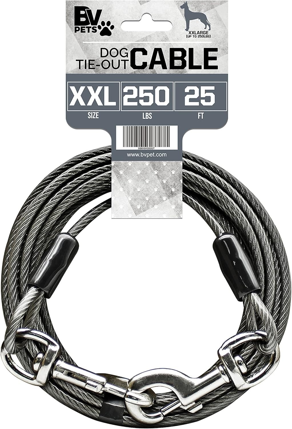 BV Dog Tie Out Cable 25 Feet – Heavy Duty Dog Lead Up to 250 Pounds – Reflective & Rust-Free with Quick Release Swivel Clips & 360° Rotating Clasp – Tangle-Free Dogs Runner for Yard (Grey, Single)