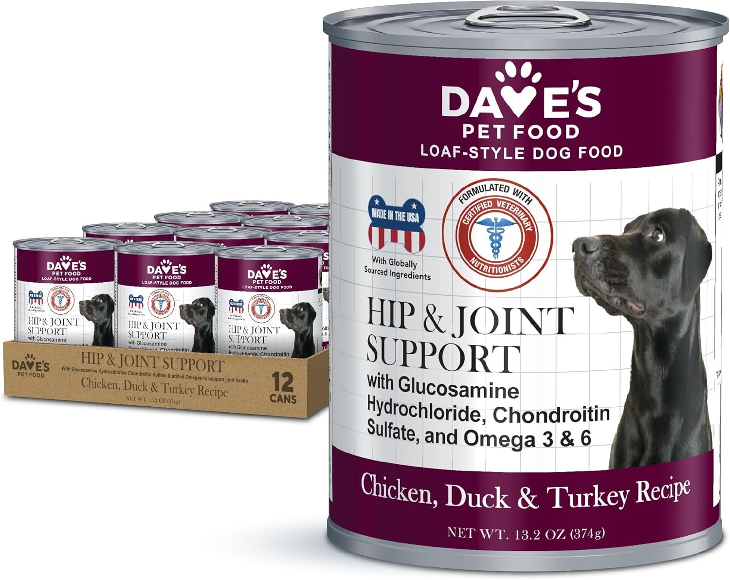 Dave’s Pet Food Glucosamine Chondroitin for Dogs, Hip and Joint Support, Gluten-Free, Wet Senior Dog Food, 13.2 oz (Case of 12)