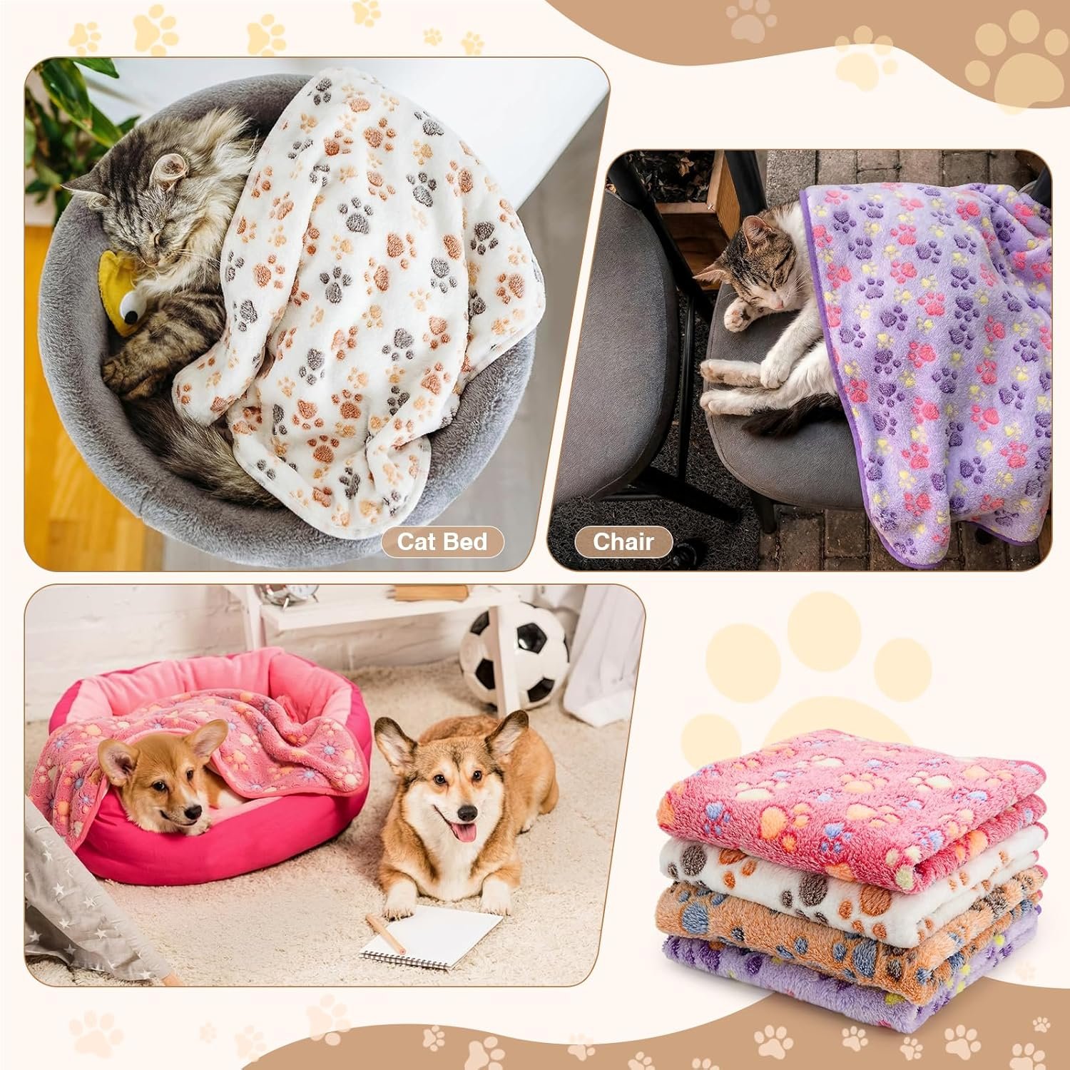Tatuo 4 Pack Fleece Dog Blankets for Puppy Cats Multi-Size Sleep Mat for Pet Guinea Pig Soft Washable Warm Crate Bed Puppy Teething Toys Print Pattern Blanket Indoor(Mixed Color,24 x 16 Inch,Paw)