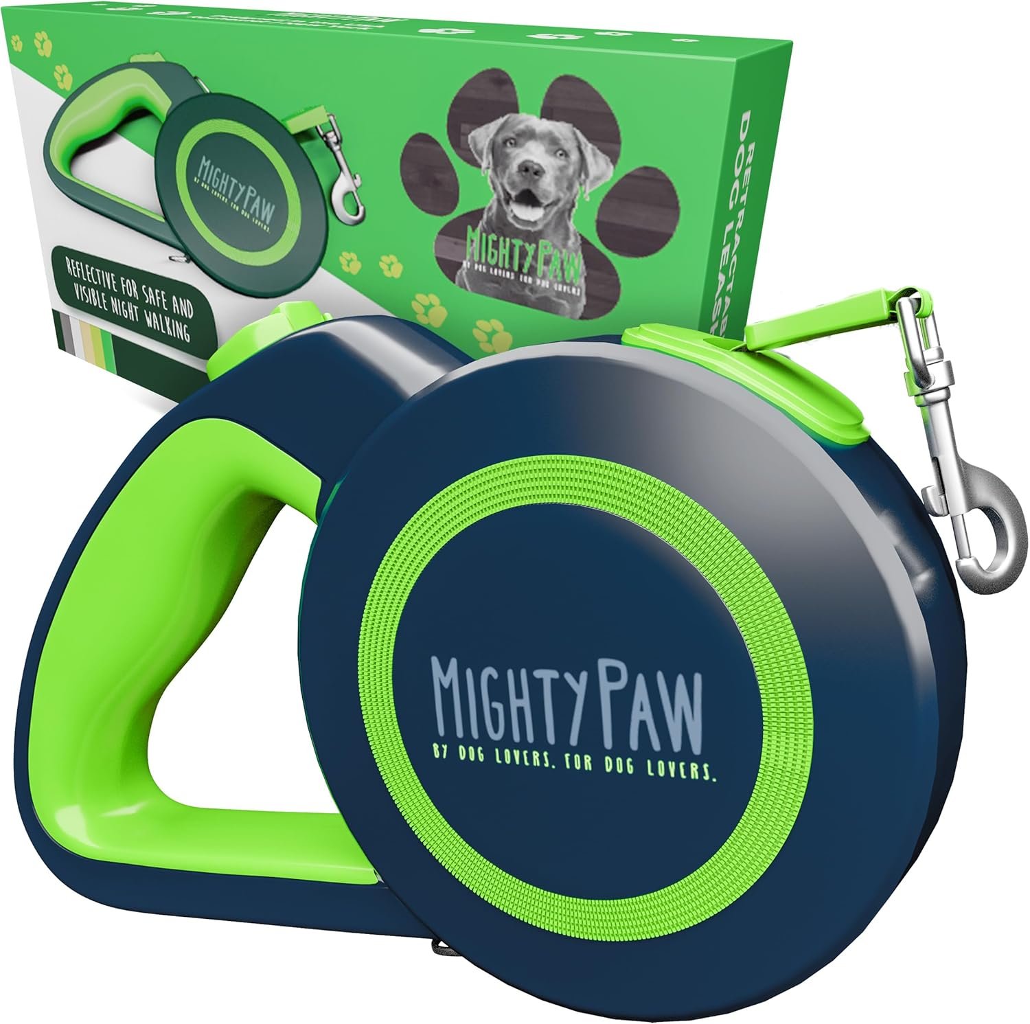 Mighty Paw Retractable Dog Leash 2.0 | 16′ Heavy Duty Reflective Nylon Tape Lead for Pets up to 0-50 lbs. Tangle Free Design W/One Touch Quick-Lock Braking System & Anti-Slip Handle (Green/Lite)