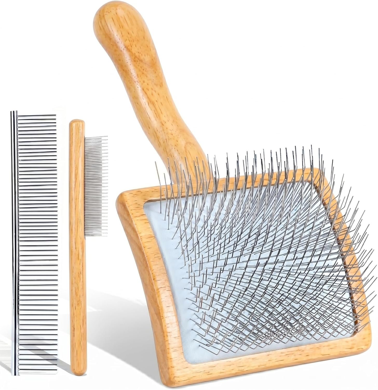 Slicker Brush for Dogs, Large Dog Grooming Brush for Doodles Goldendoodles Poodles Labradoodle Bernedoodles, Long Combs to Wavy & Curly Hair – Wooden Handle 3 Pcs – Nature