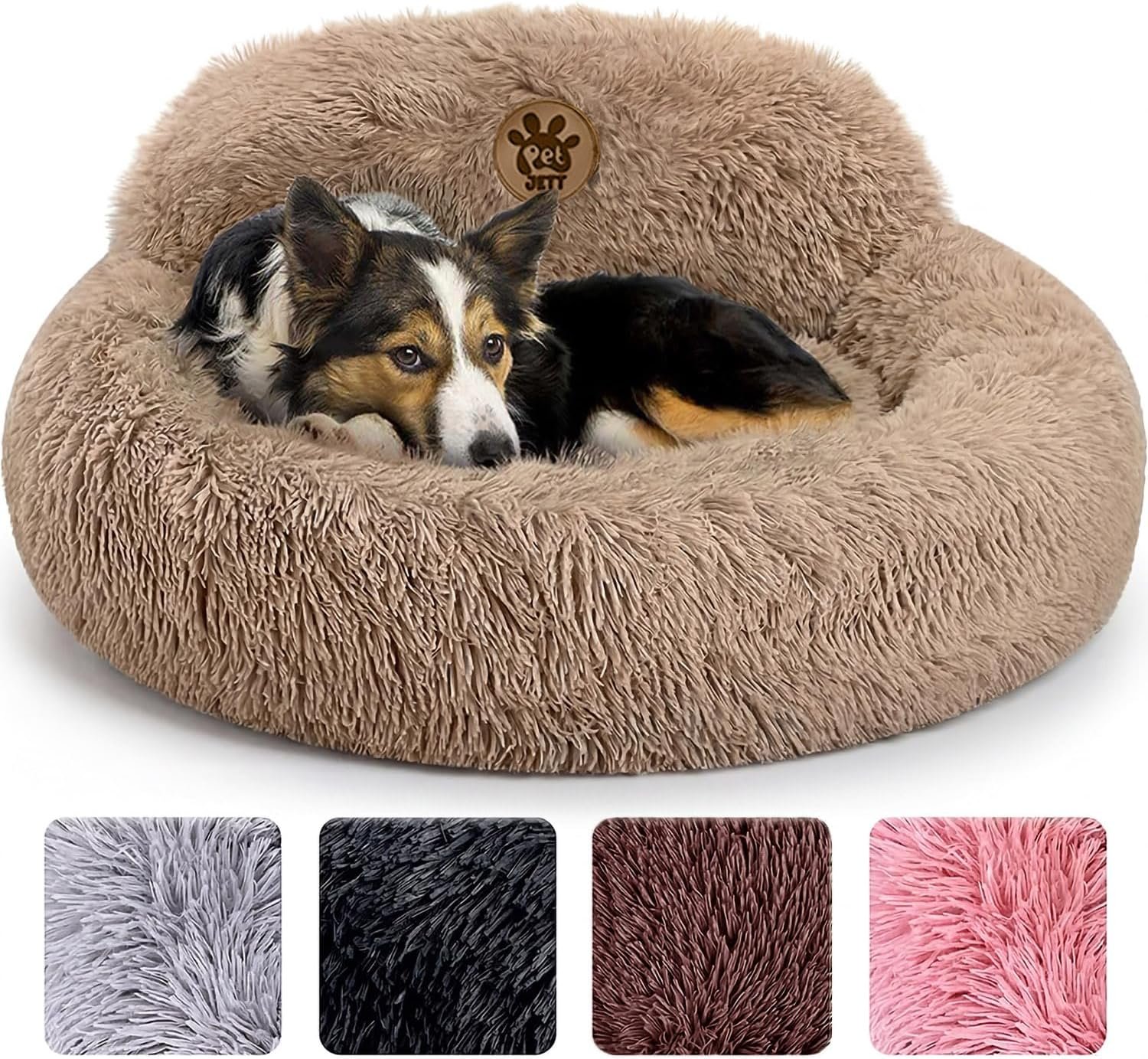PetJett Calming Medium Dog Bed – 30” Round Dog Beds – Washable Dog Bed – Anti-Slip Super Soft Fluffy Plush Donut Bed, Anti-Anxiety Premium Comfort Pet Bed, Fits Dogs up to 45 lbs – Beige
