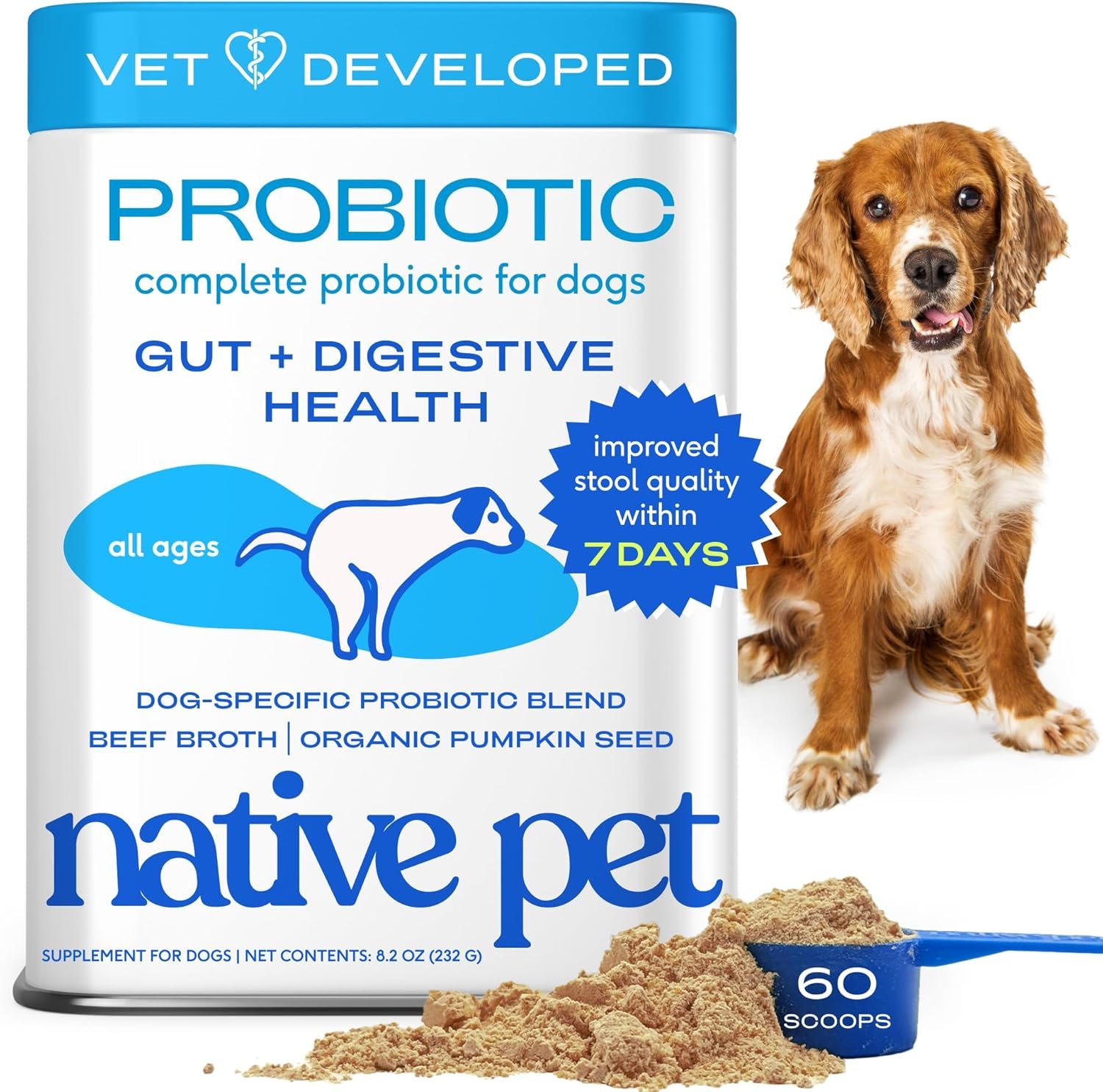 Native Pet Probiotics for Dogs – Dog Probiotic Powder for Gut & Digestive Health, Vet-Formulated 6B CFUs Dog-Specific Probiotic Strains, Supports Stool Quality & Diet Transitions – 60 Scoops