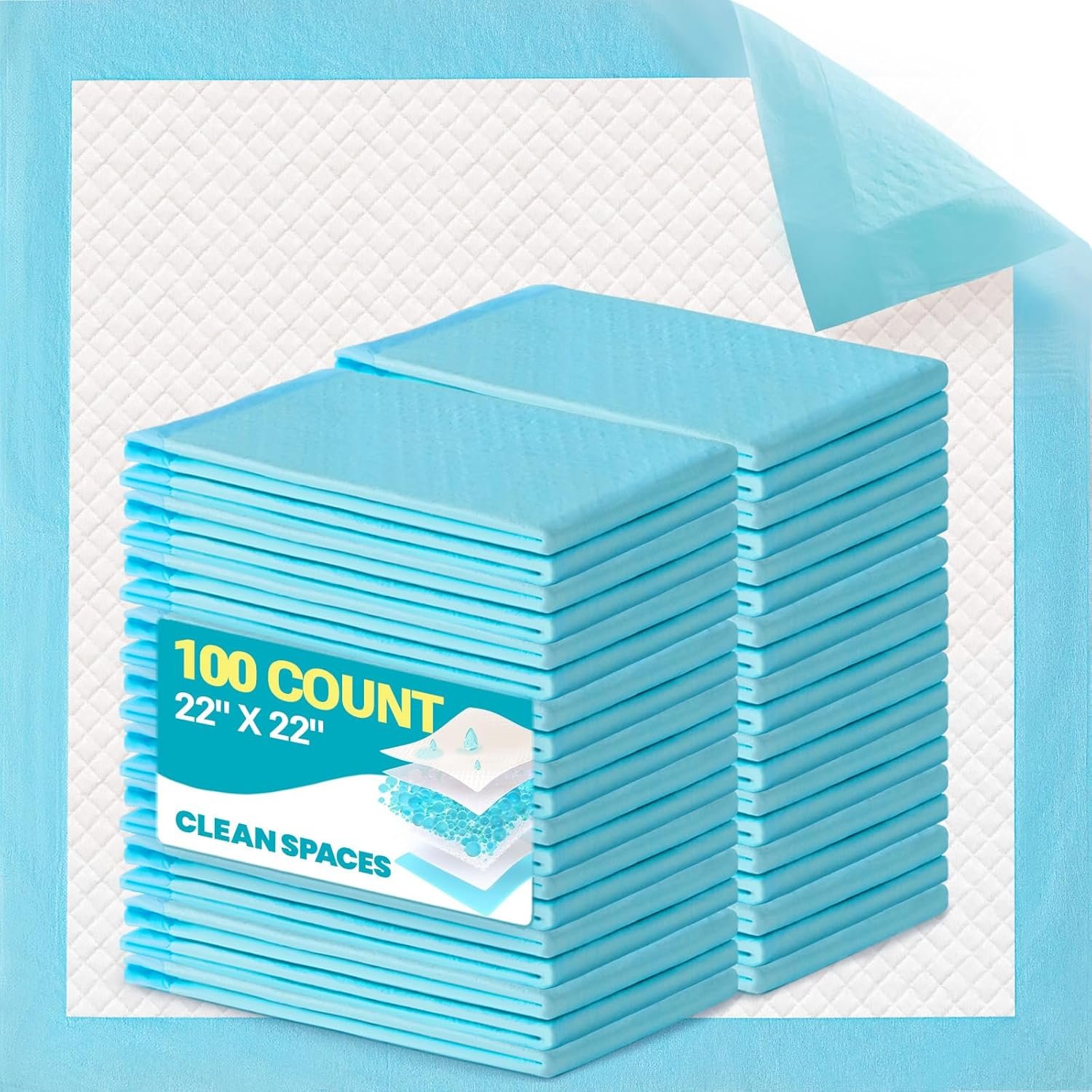 Clean Spaces 100 Count Super Absorbency Puppy Pads 22″x 22″, Leakproof Quick Drying Dog Training Pee Pads, Puppy Pee Pads, Disposable Underpads Changing Pads for Baby, Puppy and Adults