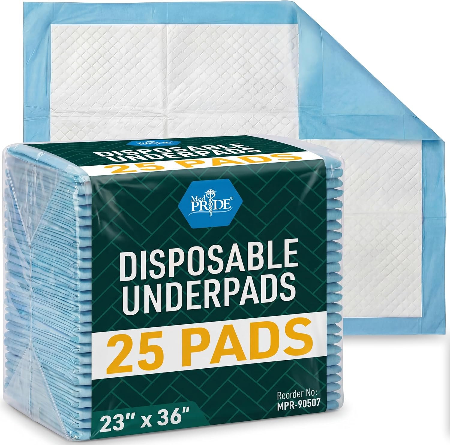 MED PRIDE Disposable Underpads 23” X 36” (25-Count) Incontinence Pads, Chux, Bed Covers, Puppy Training | Thick, Super Absorbent Protection for Kids, Adults, Elderly | Liquid, Urine, Accidents