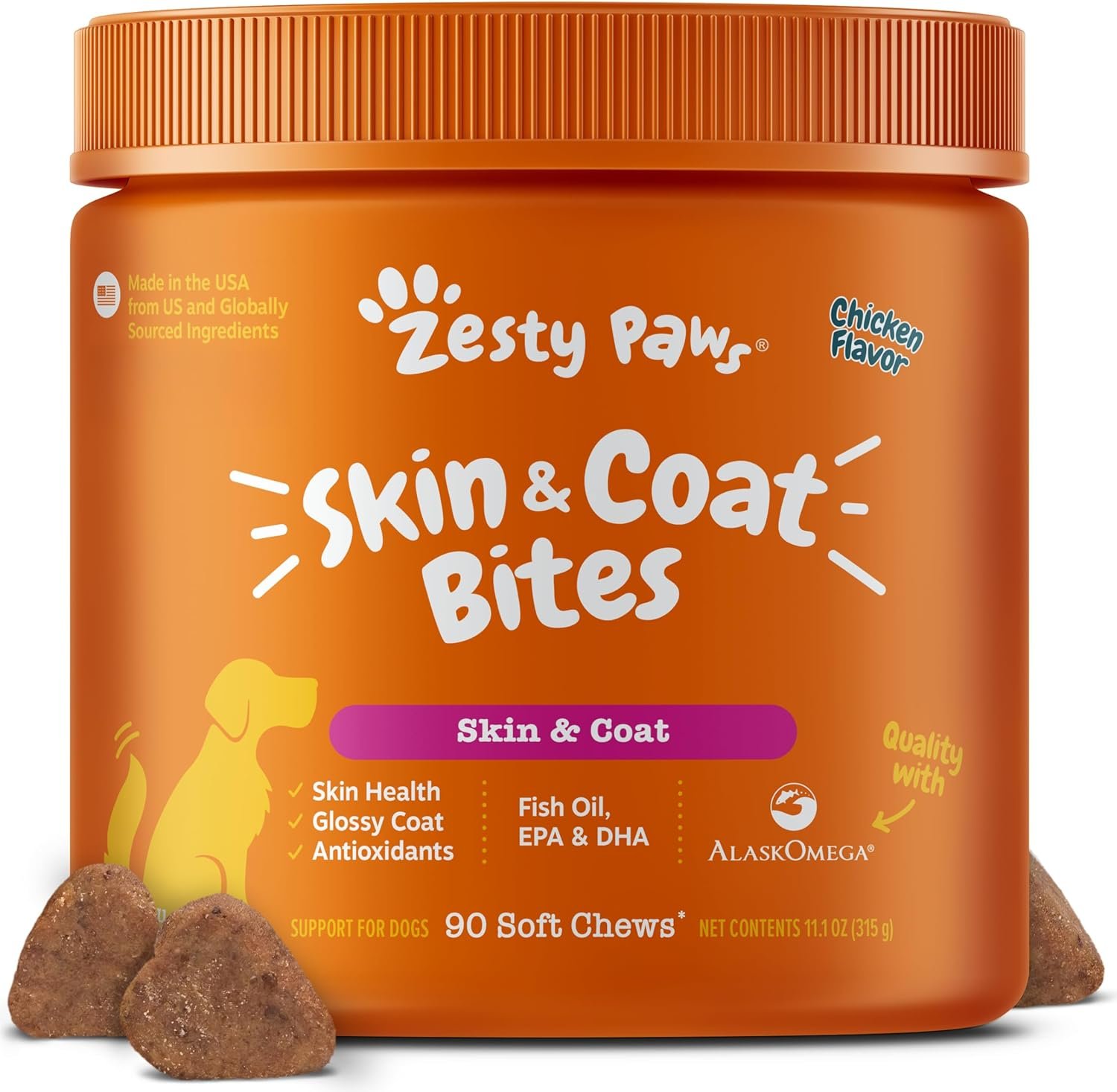 Zesty Paws Omega 3 Alaskan Fish Oil Chew Treats for Dogs – with AlaskOmega for EPA & DHA Fatty Acids – Hip & Joint Support + Skin & Coat Chicken Flavor (90 Soft Chews)