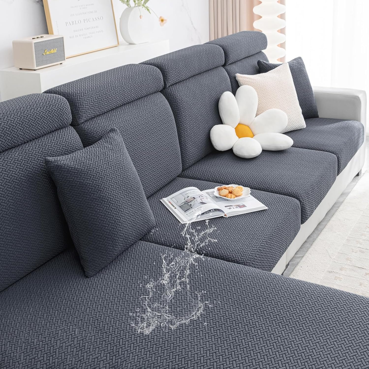Smiry Waterproof Couch Cushion Covers for Sofa, Stretch Jacquard Seat Cushion Covers Washable, Sectional Sofa Slipcover Elastic Furniture Protector for Pets, Kid (3PC, Grey)