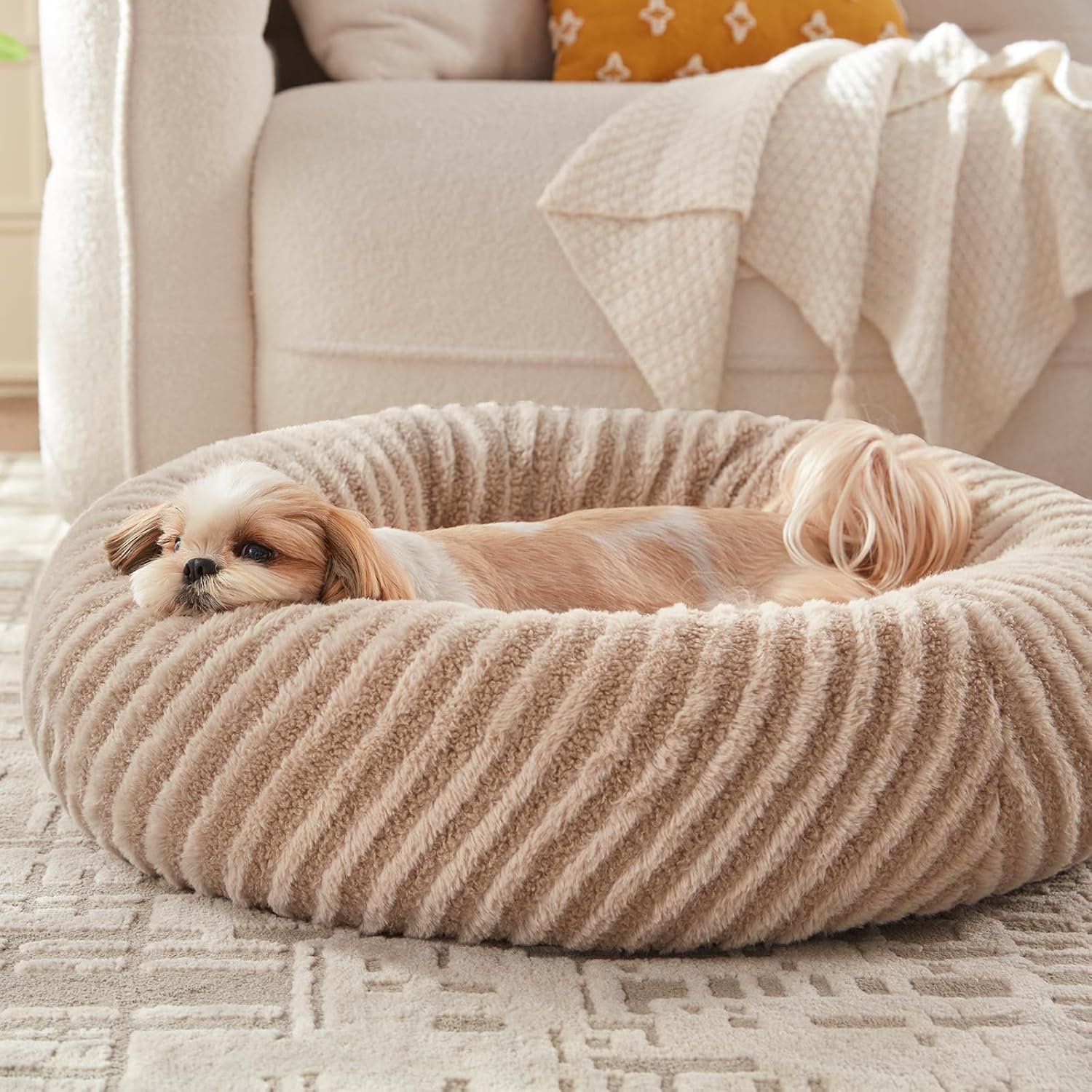 MIXJOY Dog Beds for Small Dogs Cats, Washable Small Dog Bed with Removable Cover, Donut Cat Bed for Indoor Cats, Calming Fluffy Round Pet Beds with Anti Slip Bottom, Cute Puppy Beds, 23″x23″x8″, Beige