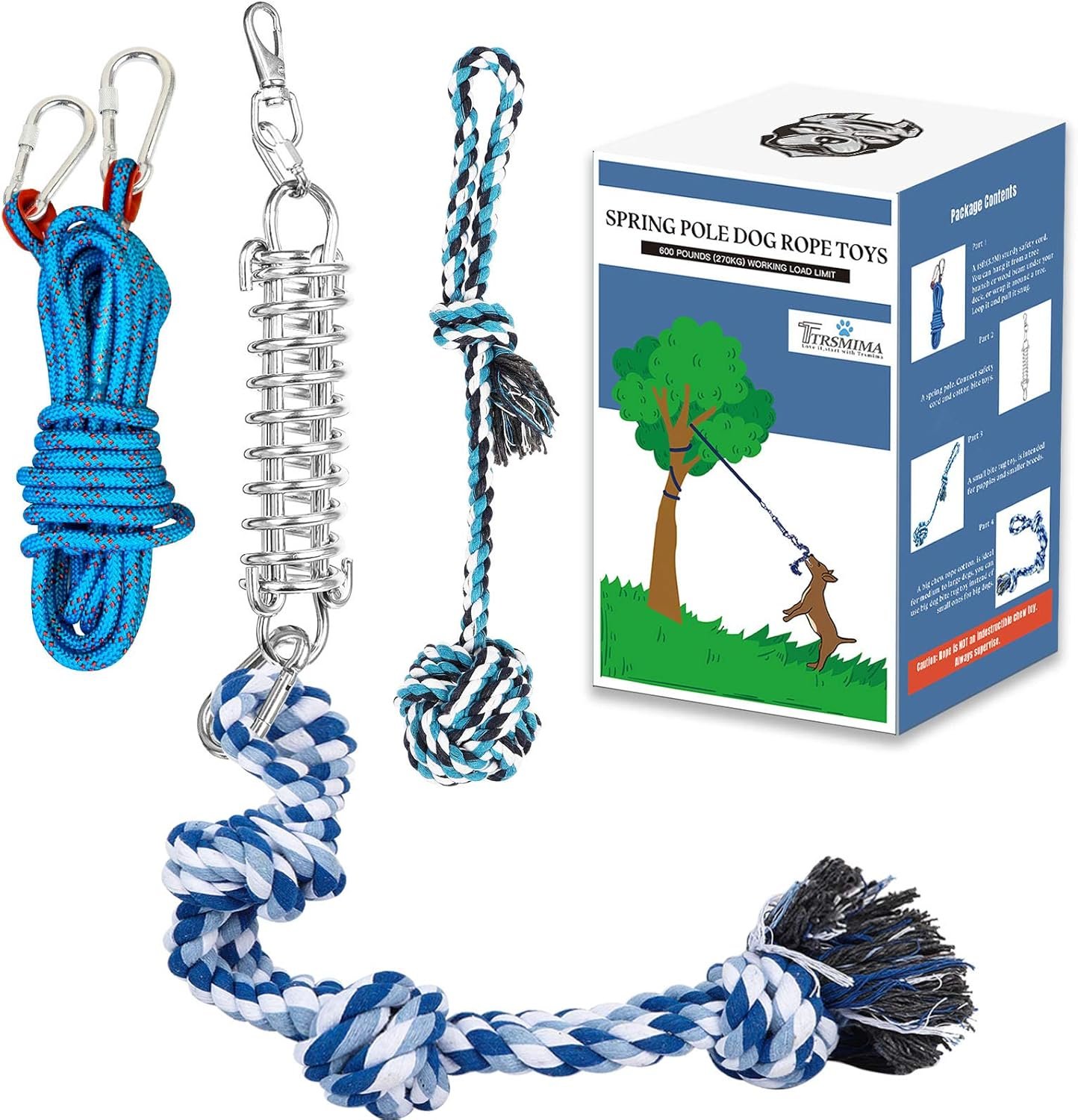 TT TRSMIMA Spring Pole Rope Toys: Rope Pull & Tug of War with a Big Spring Pole Kit & 2 Strong 16ft Toys – Muscle Builder Interactive Toy for Pitbull Medium to Large Dog