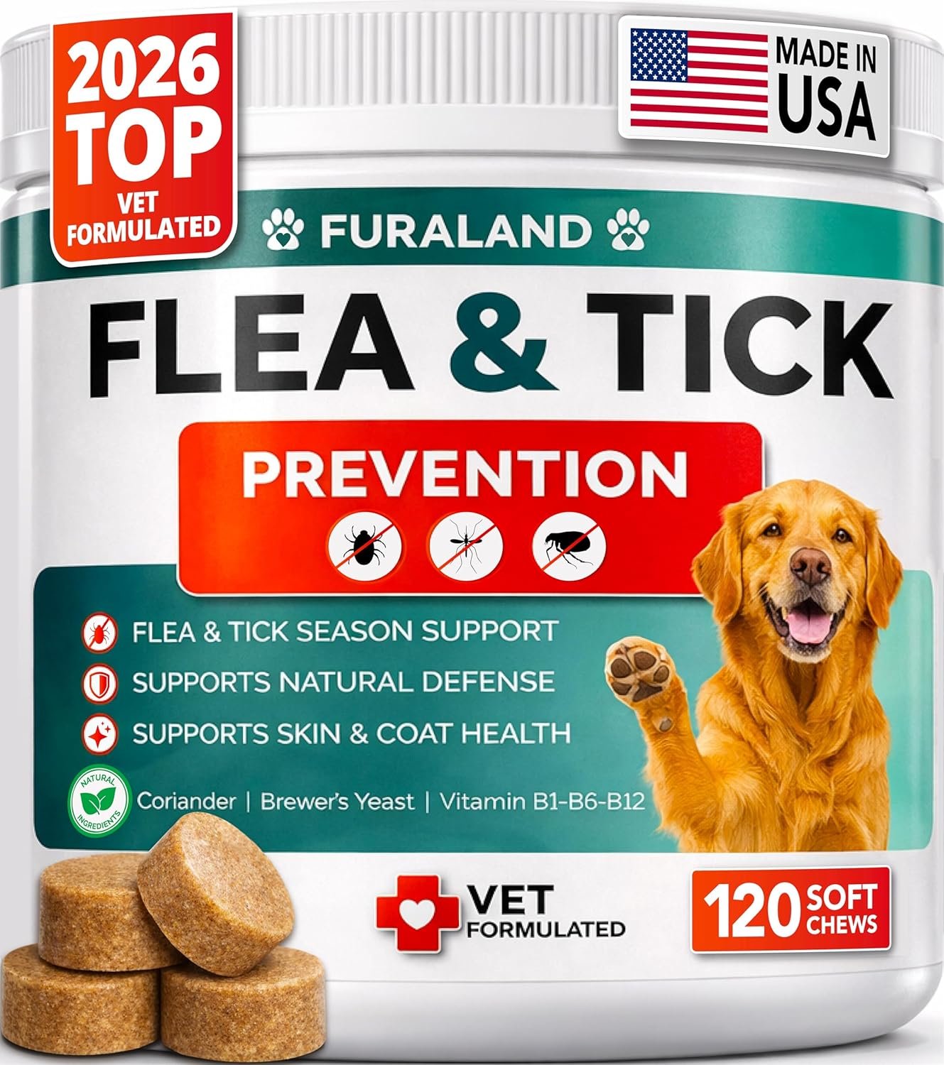Flea and Tick Prevention for Dogs Chewables – Natural Dog Flea and Tick Treatment – Oral Control Pills – Vet Recommended Supplement – Skin & Coat Support Soft Chews – All Breeds & Sizes Made in USA