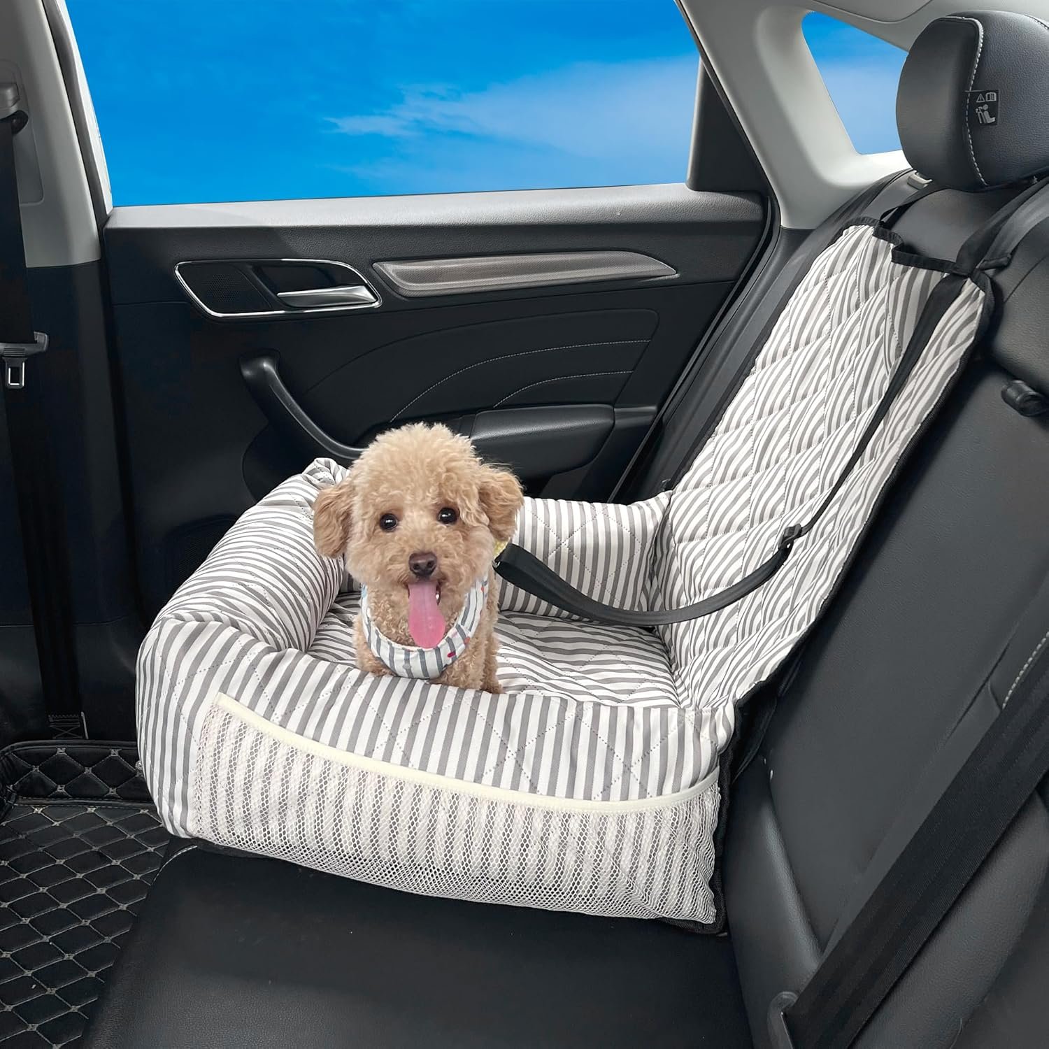 Dog Car Seat for Small and Medium Dogs, Booster Seat Sofa Pet Bed, Portable Car Travel Carrier Bed (Grey Stripes,Standard Filling)