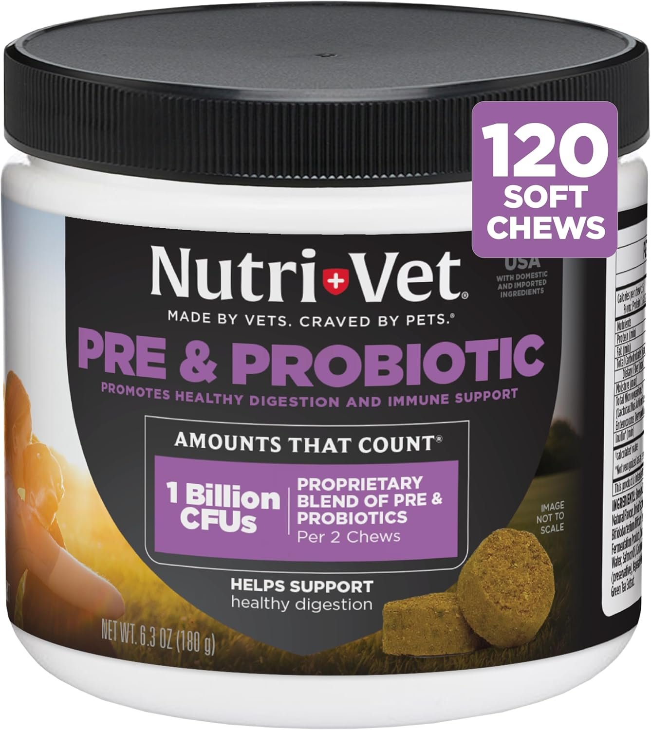 Nutri-Vet Pre & Probiotics for Dogs, Digestive Support, Upset Stomach, Puppy Probiotic, Pet Vitamins and Supplements, Dog Probiotics, Liver & Cheese Flavor, 120 Soft Chews