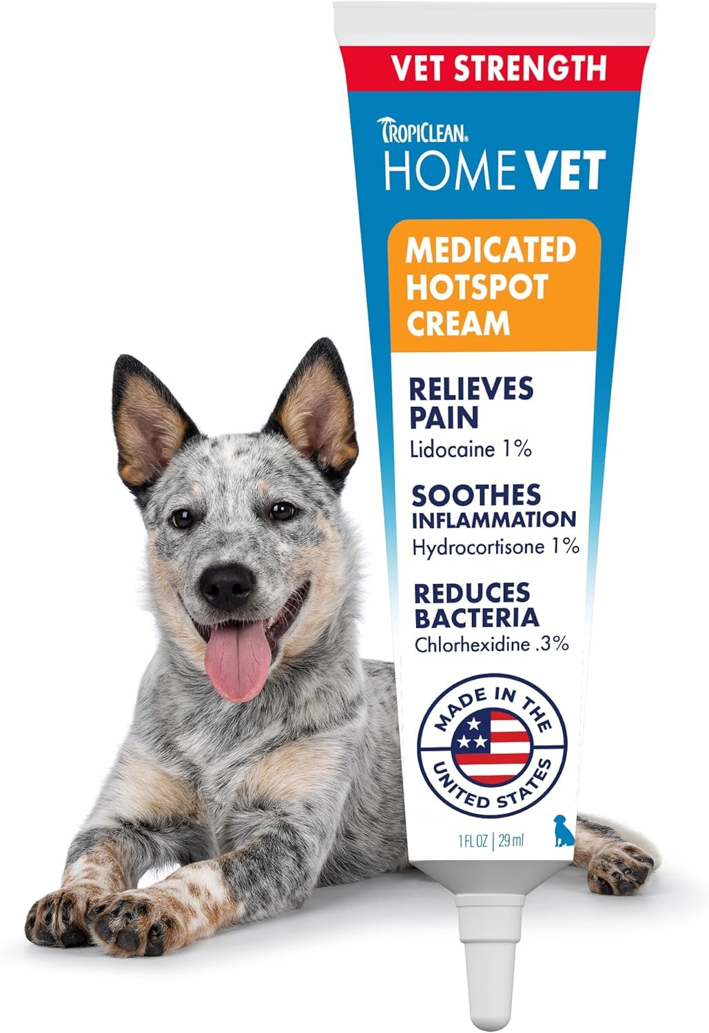 TropiClean HomeVet Medicated Cream, Hot Spot Treatment for Dogs, Fast Itch Relief, with Vet Strength Chlorhexidine & Hydrocortisone, USA Made, 1 oz