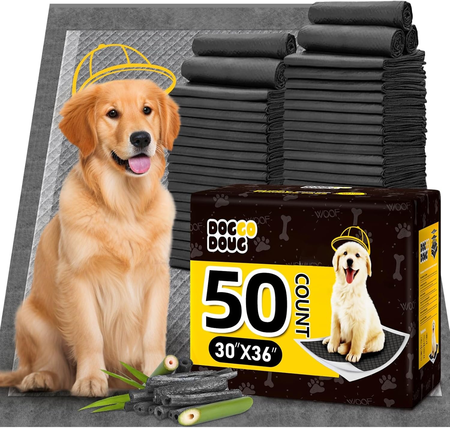 Dog Pee Pads for Dogs XXL 30″x36″ Charcoal Puppy Pads 50 Counts Extra Large Disposable Activated Carbon Super Absorbent Full Edge-Wrapping Odor-Control Training Pads with Adhesive Tabs