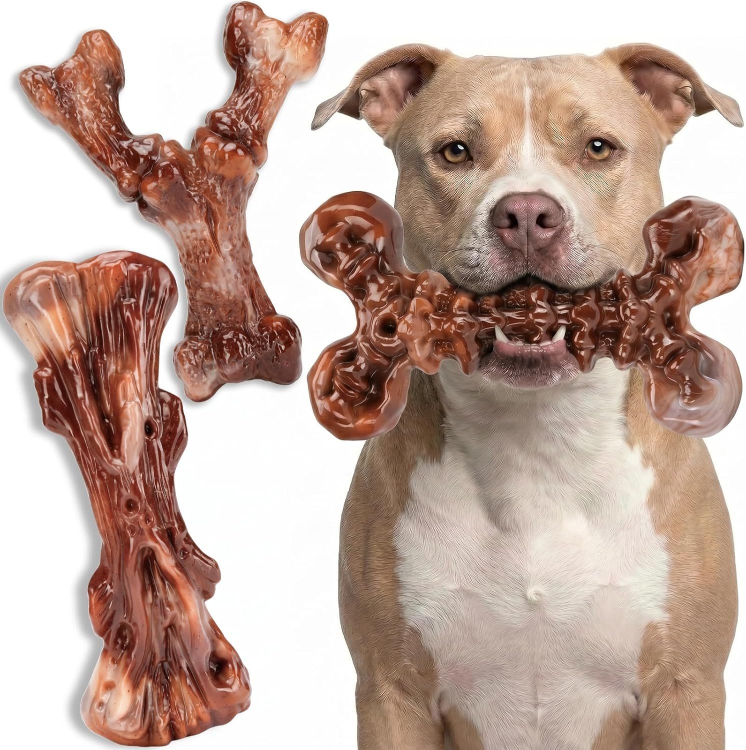 Kseroo 3-Pack Indestructible Dog Chew Toys for Aggressive Chewers: Bacon Flavored Rock-Hard Solid Nylon, Tough Dog Bones for Medium/Large Dogs 25-90lbs, Heavy Duty Dog Toys to Keep Them Busy, Brown-XL