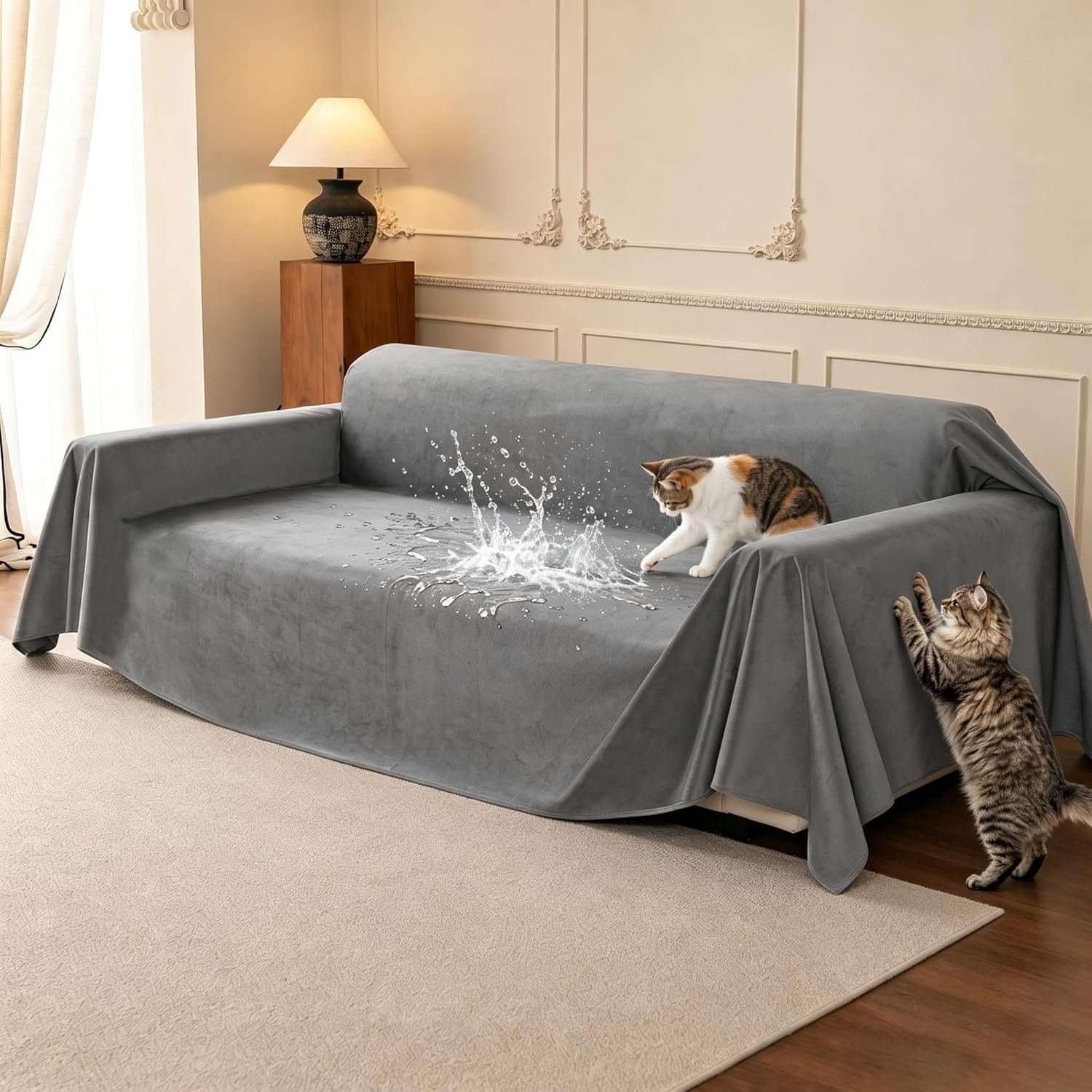 LOllON Velvet Couch Cover for Cats Dogs Kids – 100% Waterproof Cat Scratch Resistant Sofa Cover, Non-Slip Washable Furniture Protector,Ultra Soft Pet-Friendly Slipcover for 3-Seat Sofa 118″x71″ Grey