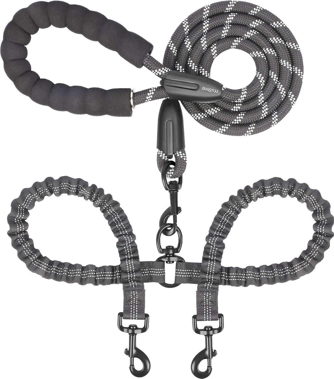 iYoShop Dual Dog Leash – 360° Swivel, No Tangle Walking Leash with Shock Absorbing Bungee for Two Dogs (Large, 25-150 lbs, Black)