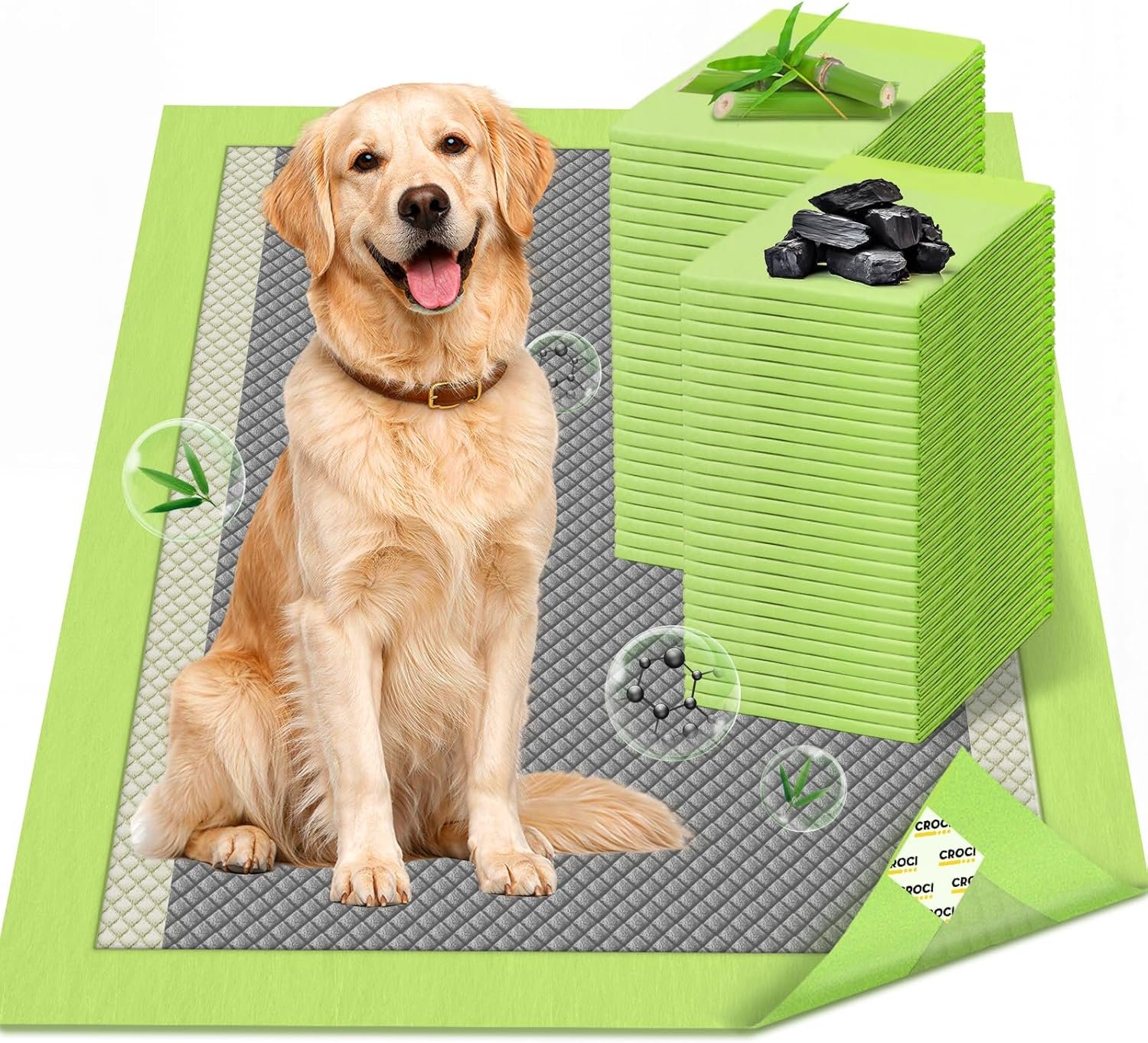 CROCI Dog Pads Extra Large, 28″x34″ Pee Pads for Dogs, 2X Odor-Control with Charcoal & Bamboo Material, 4-Corner Adhesive Tabs, Super Absorbent & Leak-Proof (50 Counts)
