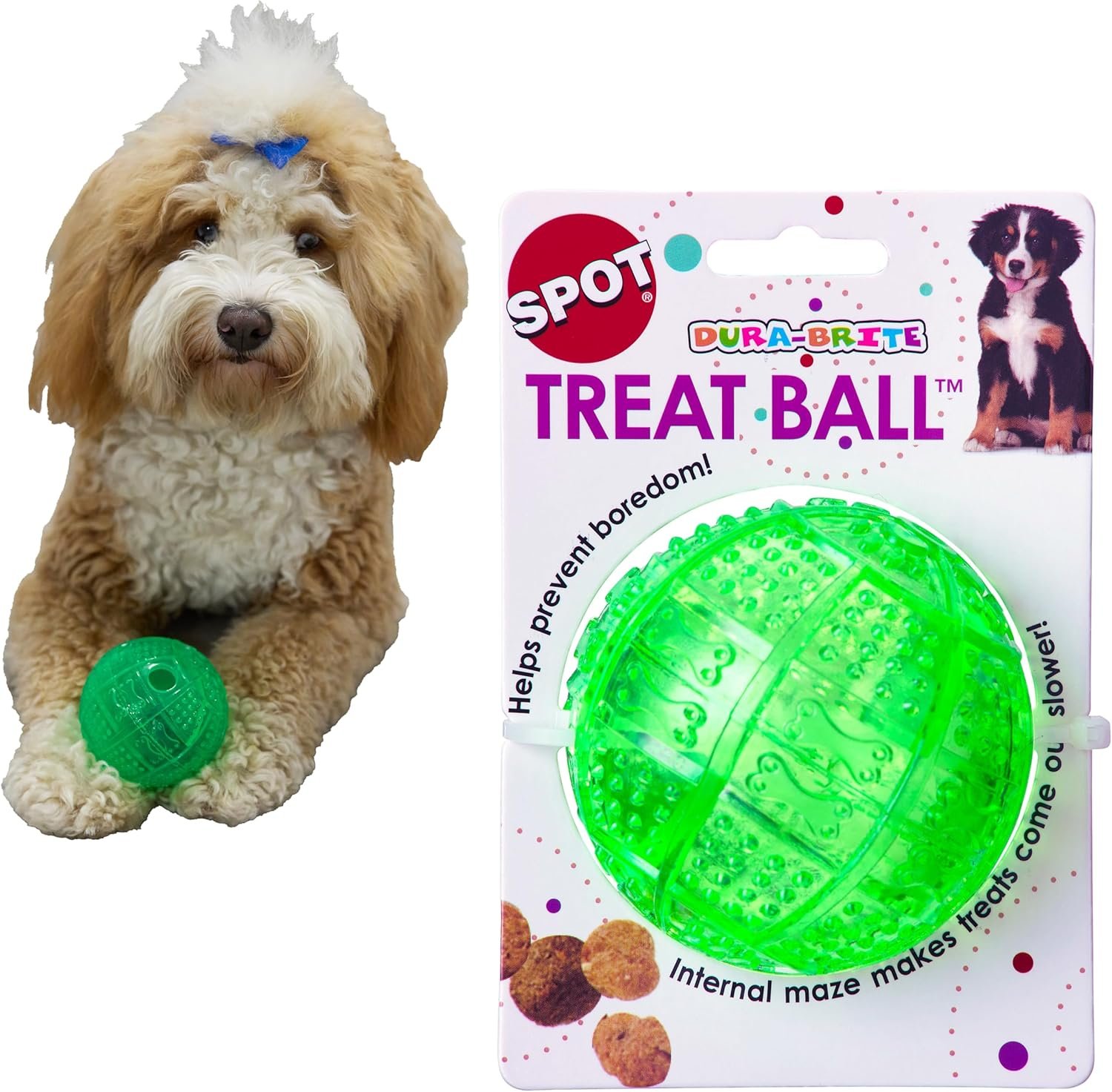 SPOT Dura-Brite Treat Ball – Treat Dispensing Dog Toy Made with Durable TPR Rubber, Interactive Slow Feeder Puzzle Ball, Prevents Boredom and Makes Mealtime Fun – 3in, Assorted Colors