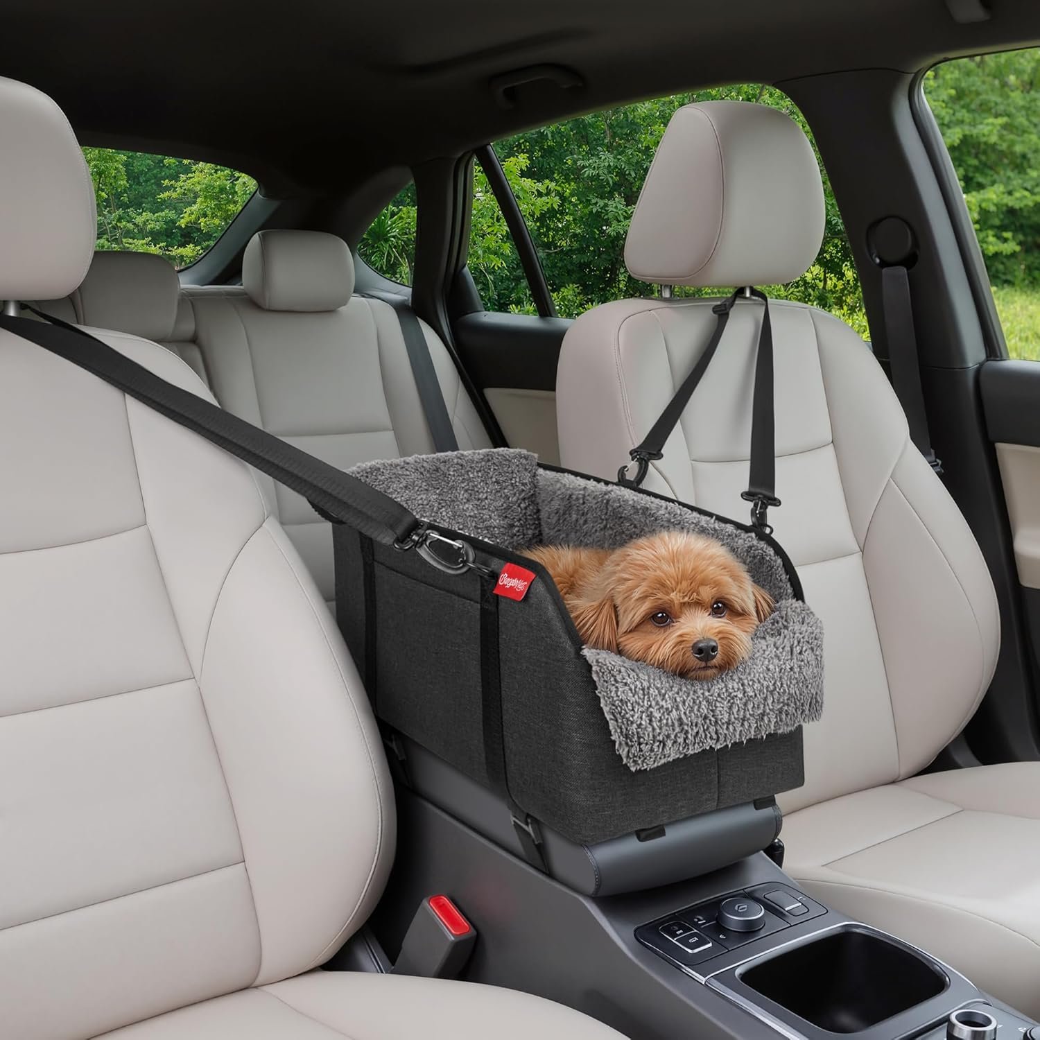 BurgeonNest Center Console Small Dog Car Seat – Portable Pet Cat Puppy Booster Armrest Carseat Up to 11lbs, Anti-Collapse Comfort Car Travel with Washable Fluffy Cushion and Pillow, Grey