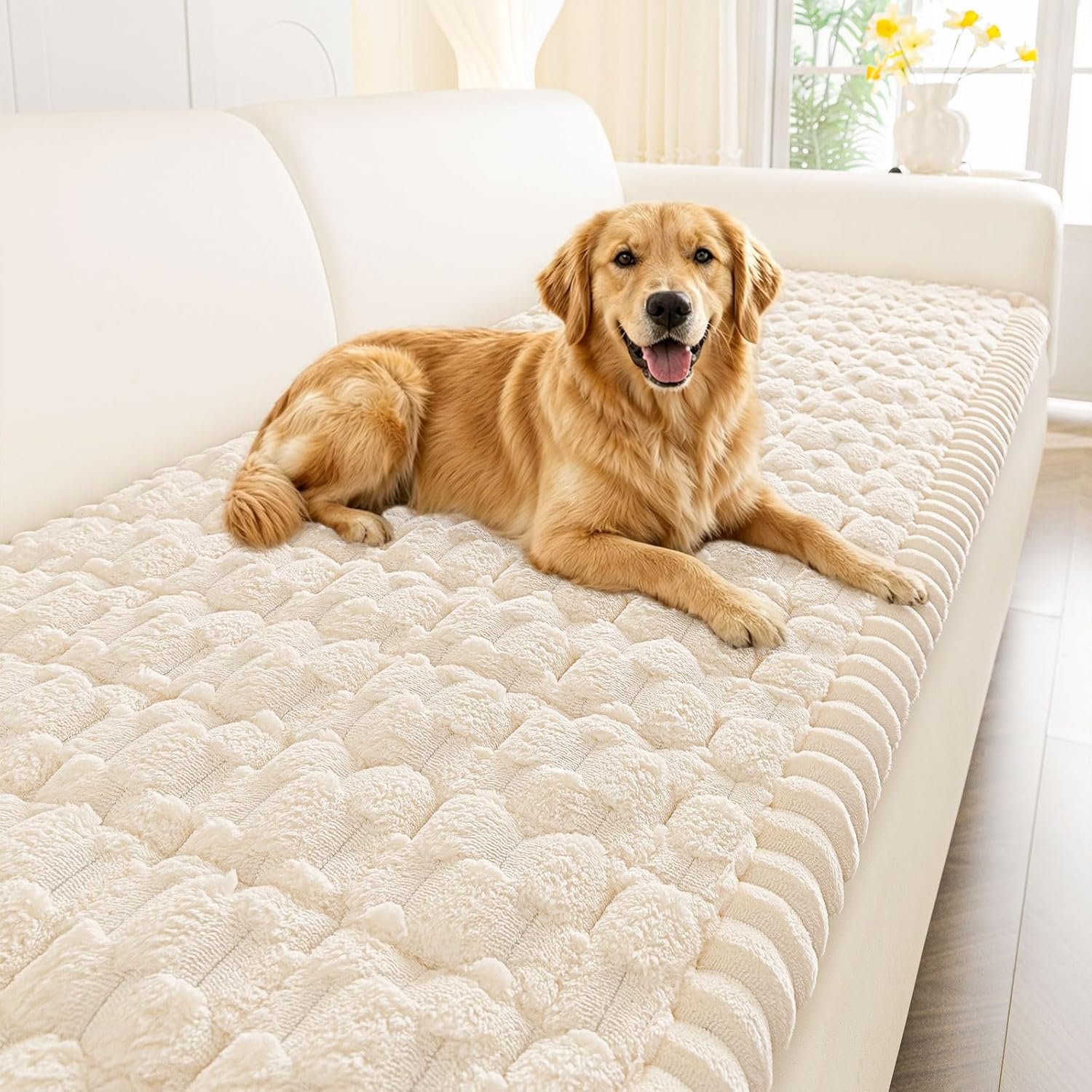 Smiry Non Slip Couch Covers for Dogs, Scratch Resistant Pet Sofa Protector, Machine Washable Soft Fuzzy Thick Furniture Cover for Sofa Loveseat Sectional Large Dogs (Cream, 27.6″ x 59″)