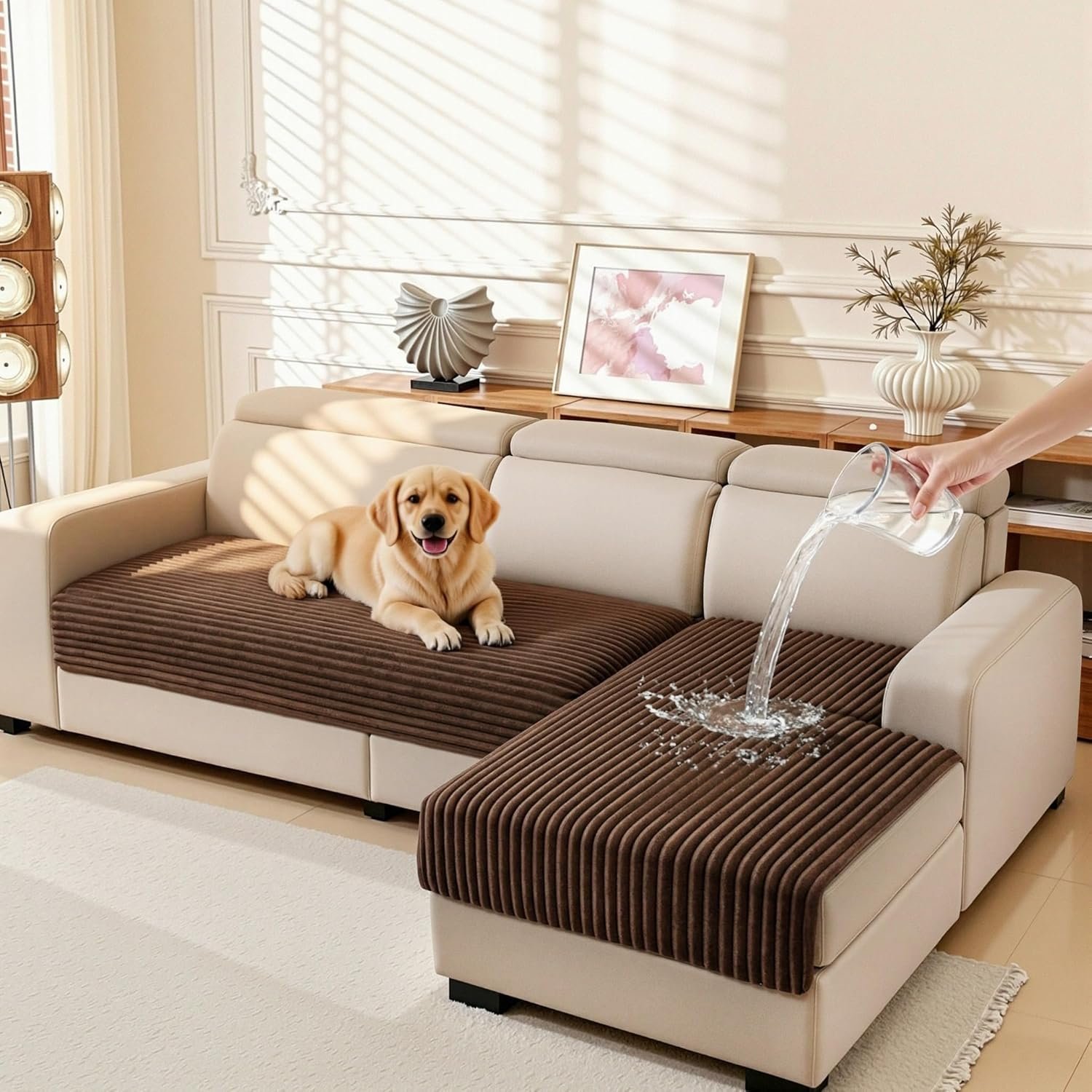 MEETSKY 100% Waterproof Sectional Couch Covers, 2 Pieces Non Slip Couch Covers for Dogs, L Shaped Sofa Covers for Pets Washable, Sofa Slipcover Furniture Protector, Chocolate, Large, 35″x63″+35″x63″
