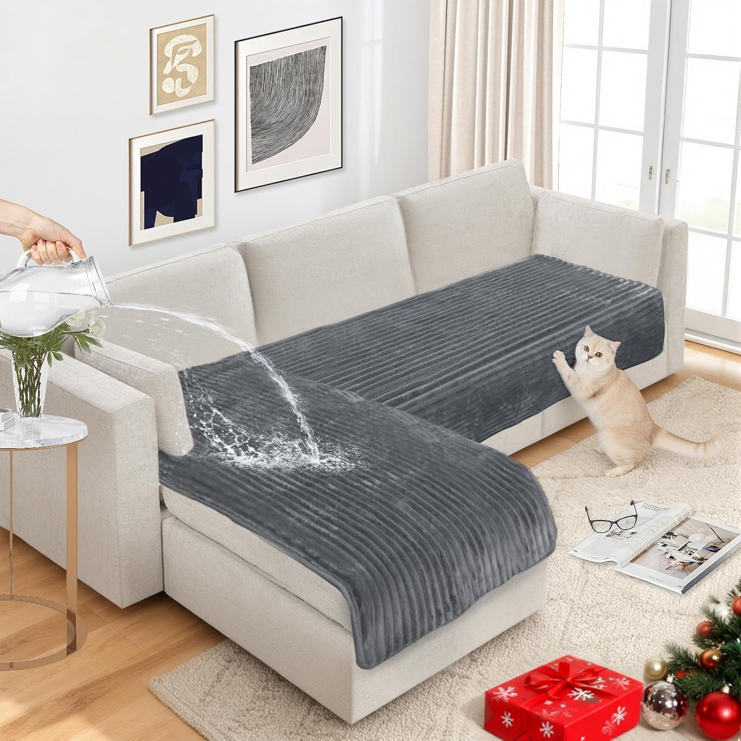NAISI Couch Covers for Dogs Waterproof Flannel Striped Sofa Cover Pet Friendly Washable Dog Mat for Couch Anti Slip Sectional Sofa Slipcover Protector(2pcs/35″x63″+35″x70″,Dark Grey)