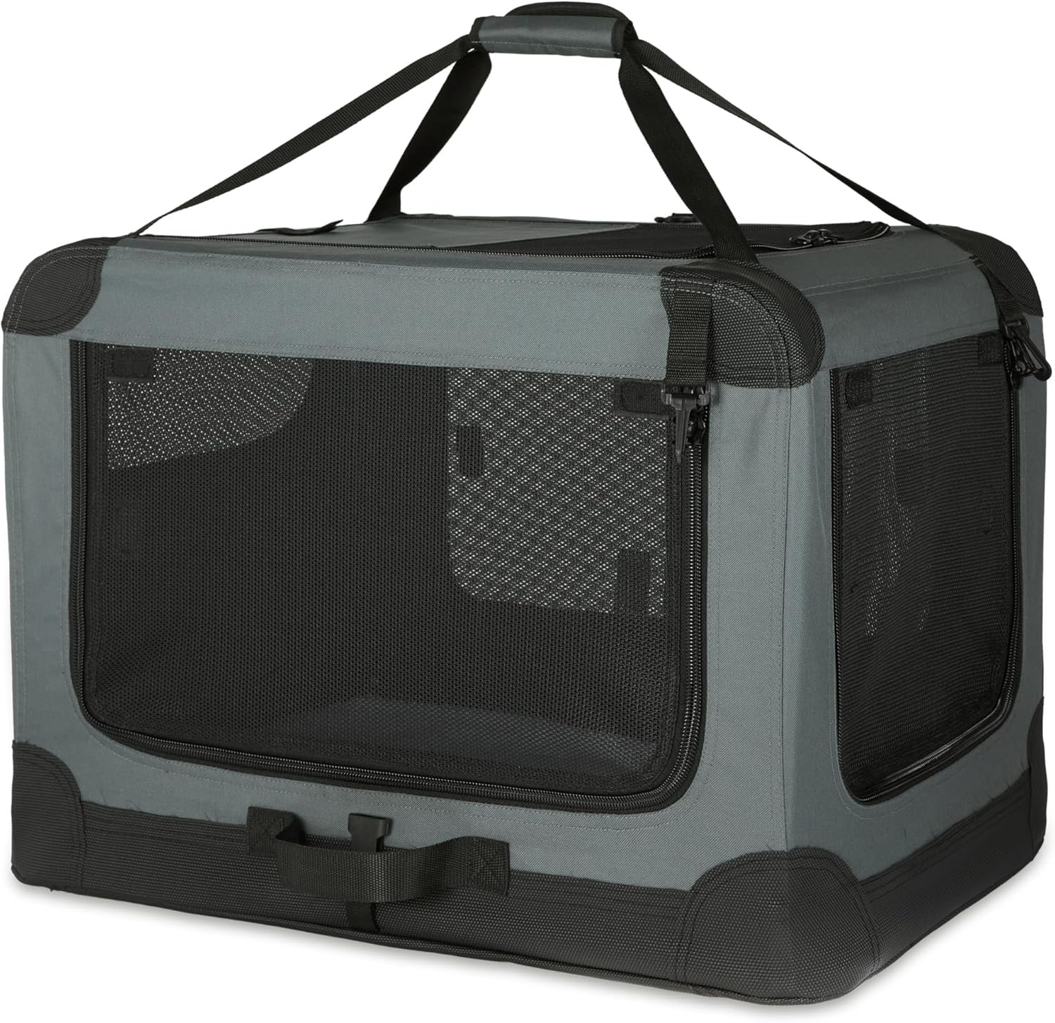 Amazon Basics 4-Door Portable Folding Soft Dog Crate, Collapsible Travel Kennel for Cat, Dog, and Other Small Animals, Pop Up with Easy Transportation, Grey, M 30″ x 21″ x 21″
