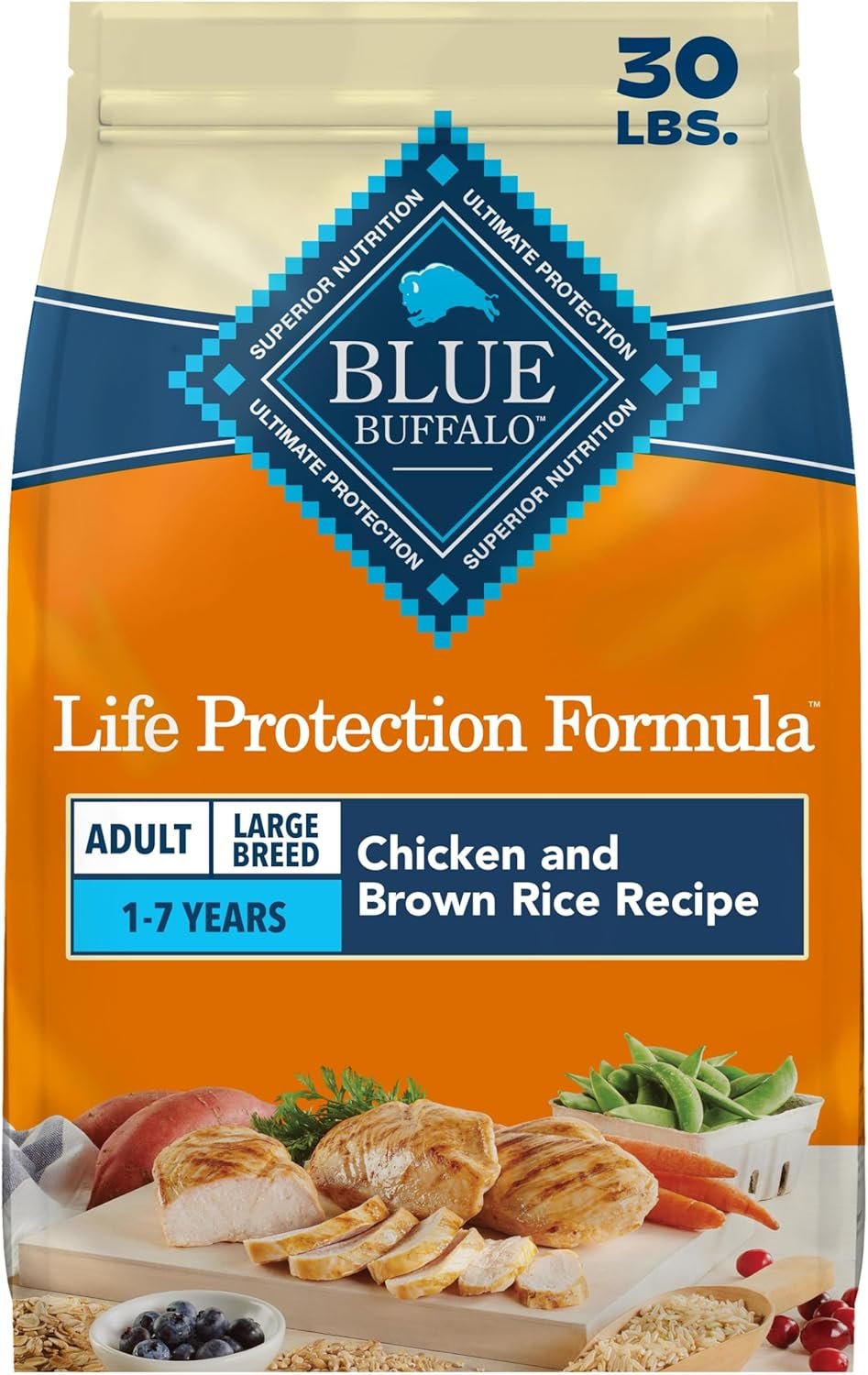 Blue Buffalo Life Protection Formula Chicken & Brown Rice Large Breed Adult Dry Dog Food, Supports Immunity with Antioxidant-Rich LifeSource Bits, Promotes Healthy Muscles, Skin & Coat Health, 30 lbs.