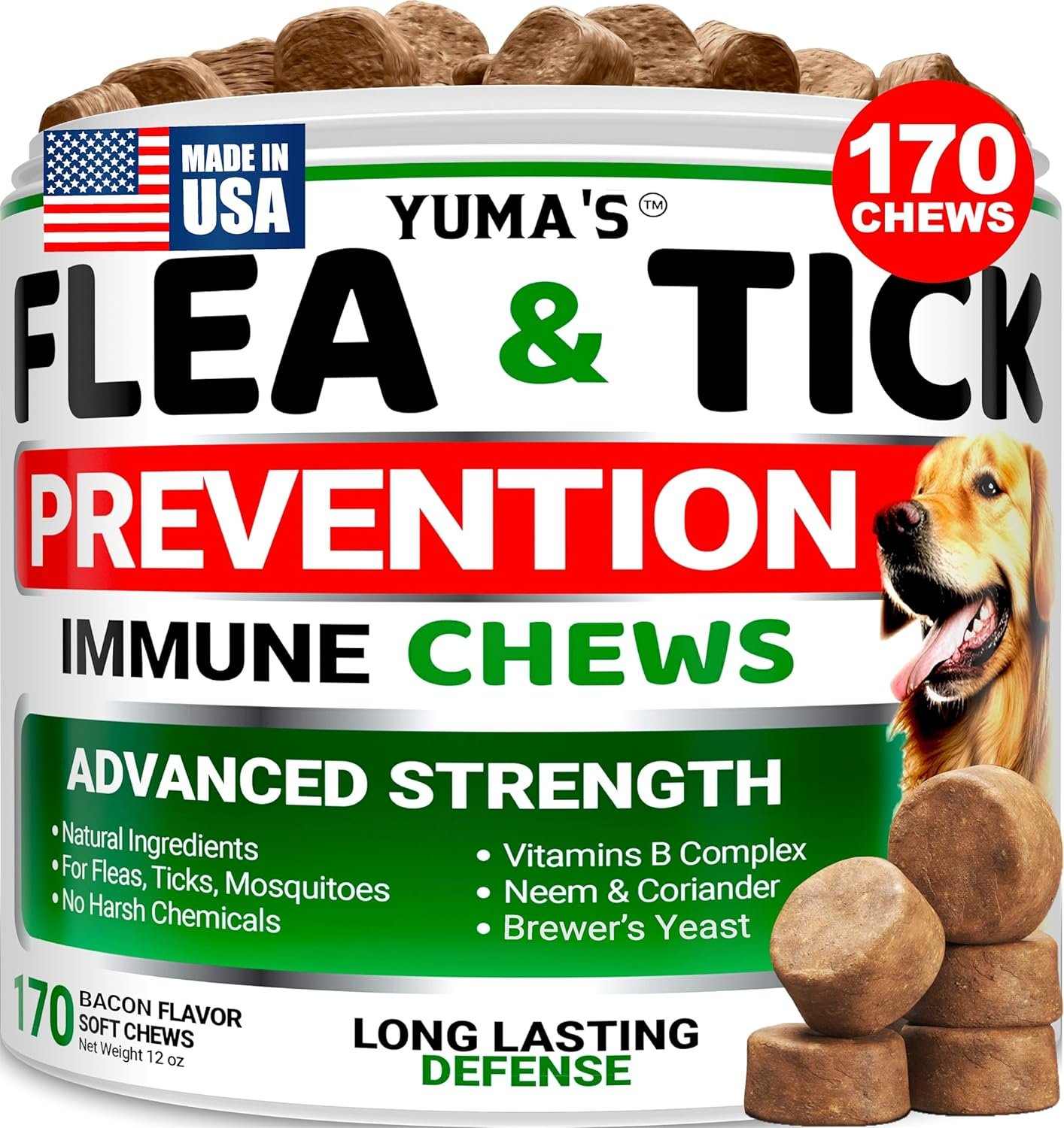 Flea and Tick Prevention for Dogs Chewables – 170 Treats – Natural Dog Flea and Tick Treatment Chewable Supplement – Oral Pills – All Breeds & Ages – Soft Chews – Made in USA – Bacon Flavor