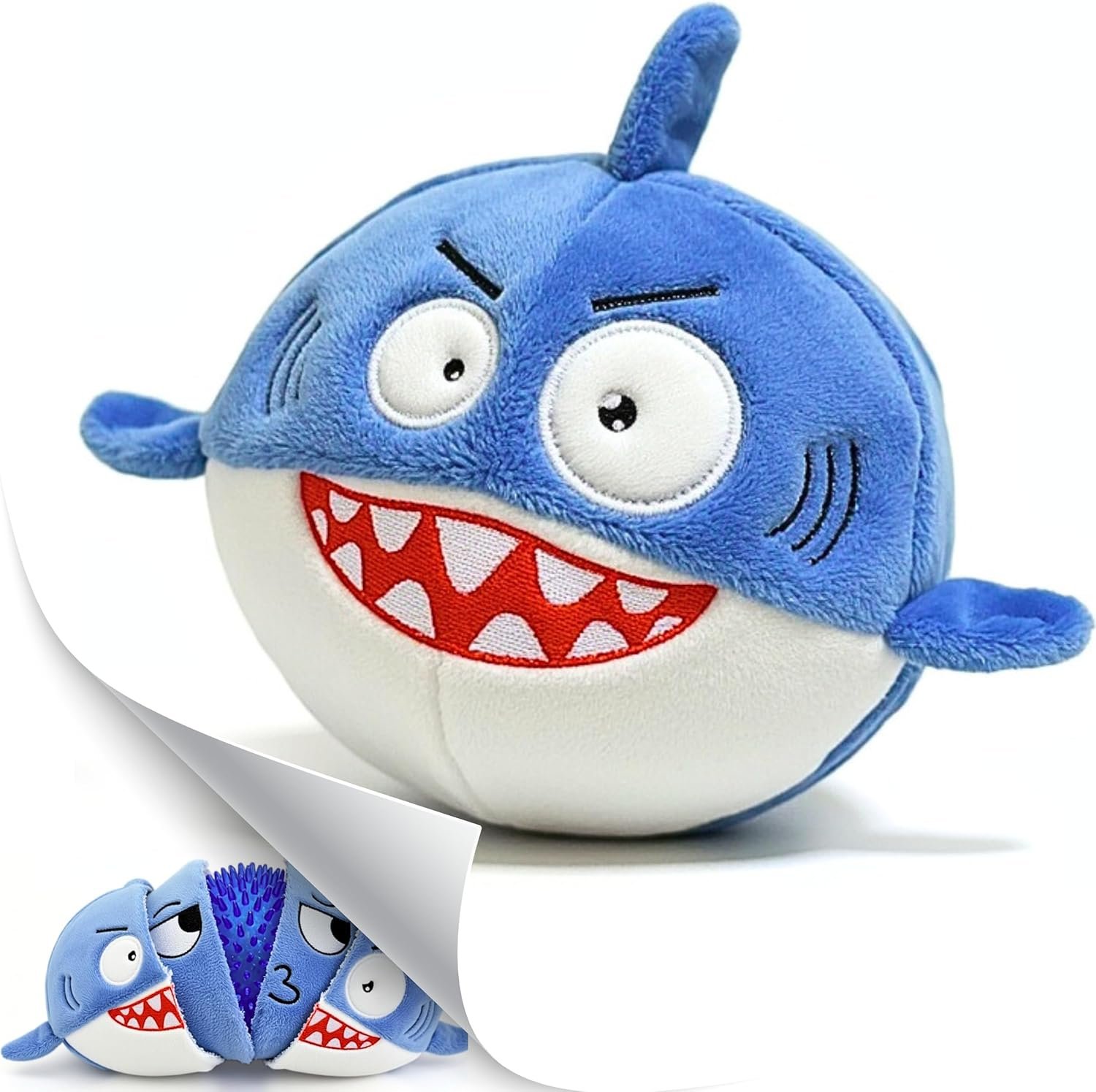 Sharky 3 in 1 Plush Shark Dog Chew Toy with Squeaky Ball Inside for Aggressive Chewers, Super Interactive No Stuffing, Strong Tough Heavy Durable, Birthday Gift Box for Small & Large Breed