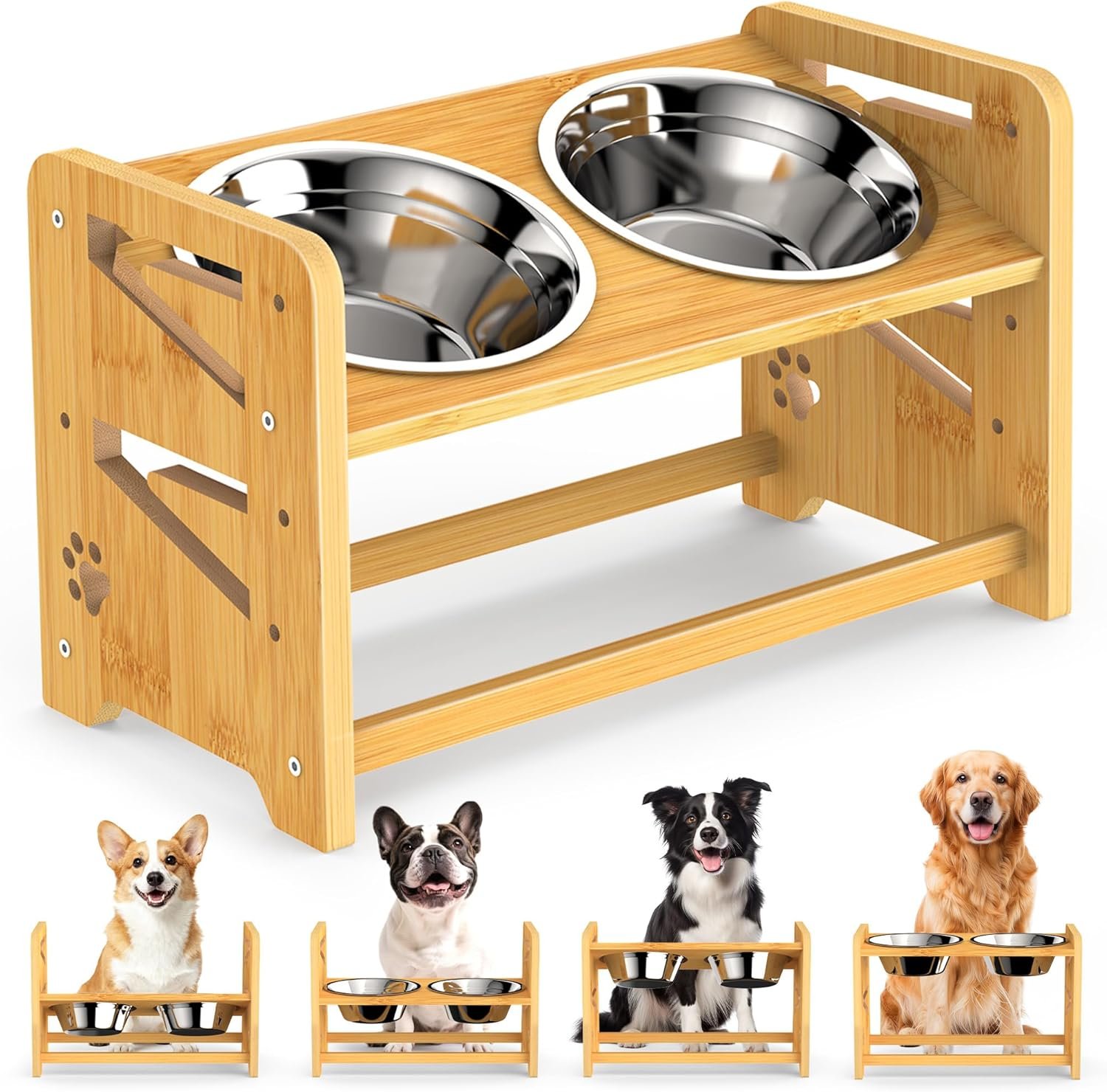 Elevated Dog Bowls, Adjustable Raised Dog Bowl Stand for Medium and Small Dog, 11″ High Bamboo Pet Food Feeder with 2 Stainless Steel Dishes（4 Heights）