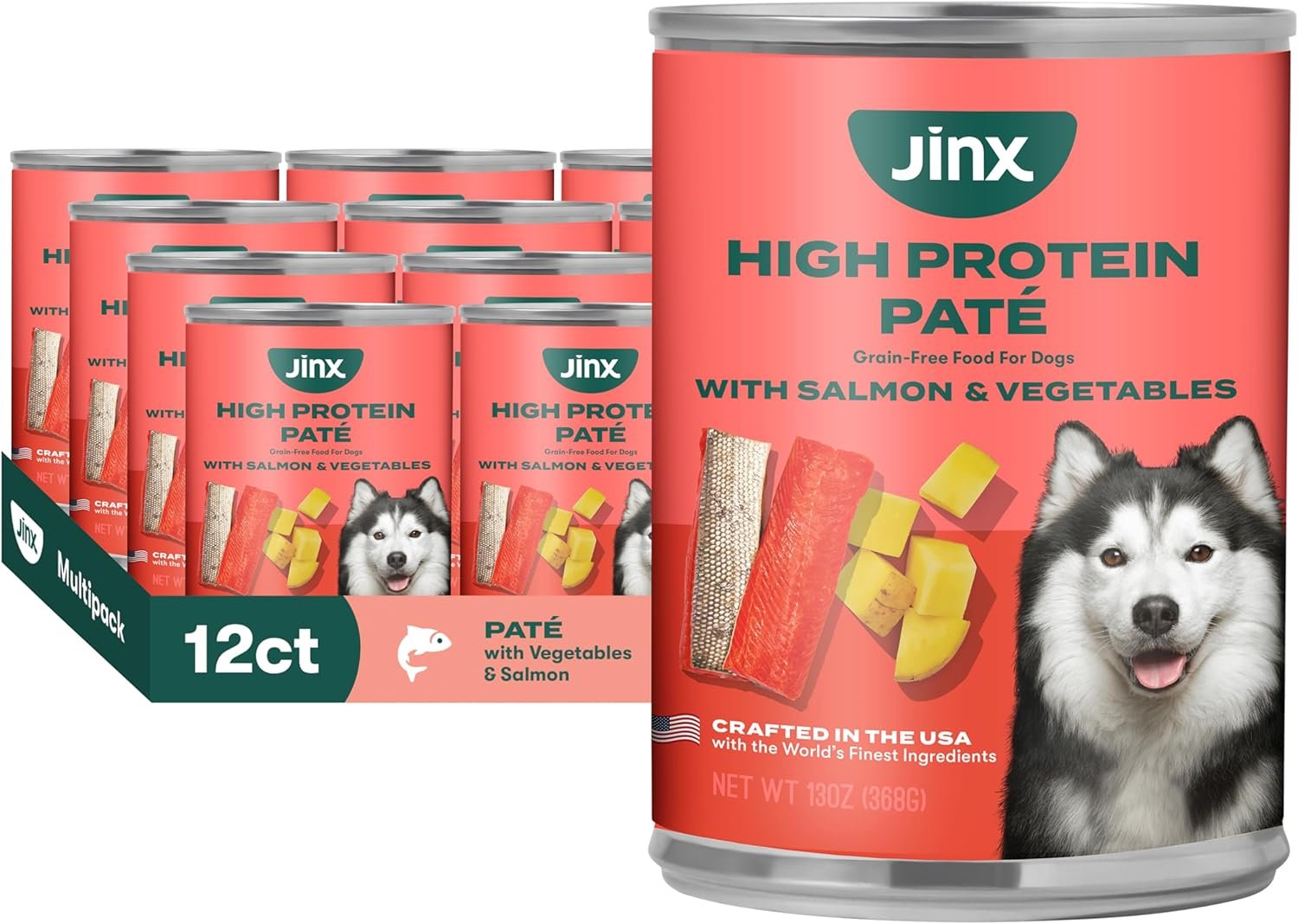 Jinx Premium Wet Dog Food Cans – Salmon Pate – Grain-Free Canned Dog Food Pate & Topper with Real Ingredients & No Fillers – All Life Stages, Breeds & Sizes – 12-Pack, 13 Oz