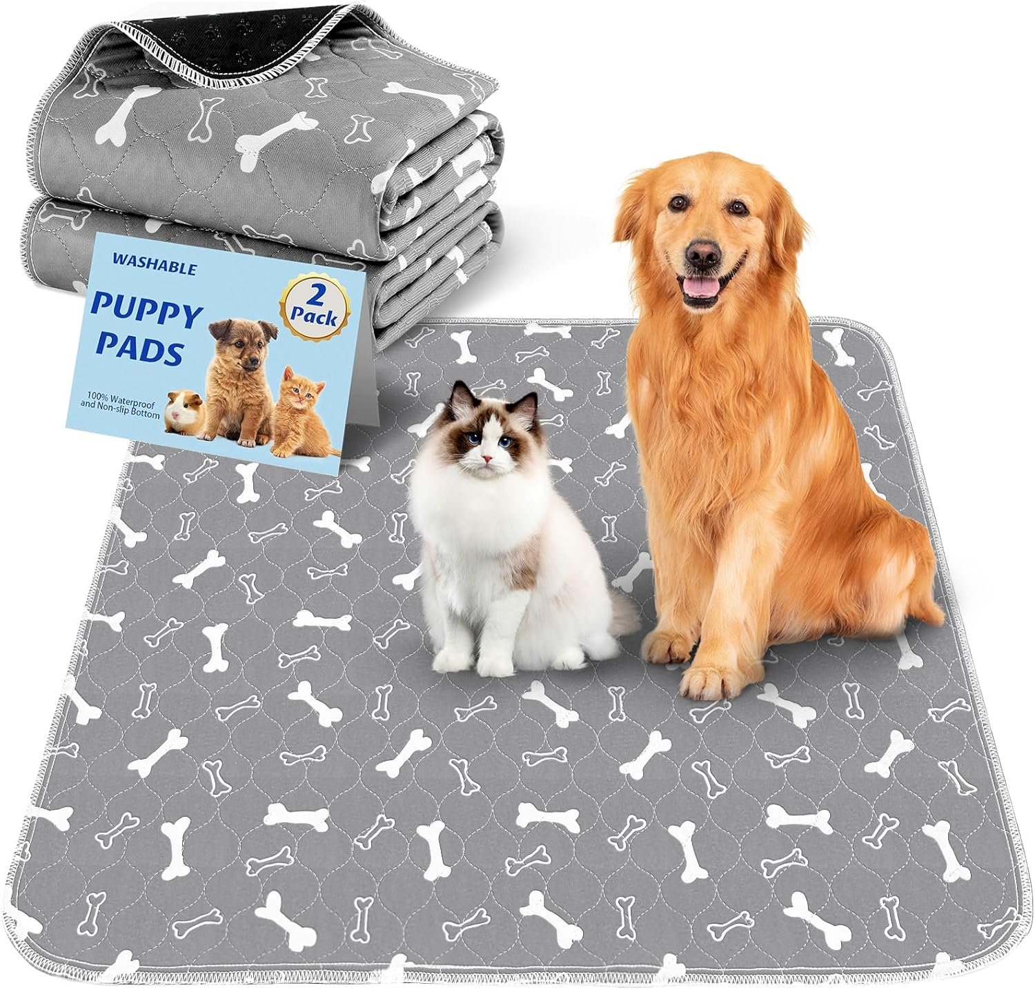 Washable Pee Pads for Dogs, 2 Pack Large Reusable Puppy Pads, Non-Slip Waterproof Dog Mats for Floors, Fast-Absorbent Whelping Pad, Playpen Mat for Crate or Indoor Use (36″x48″, Gray)