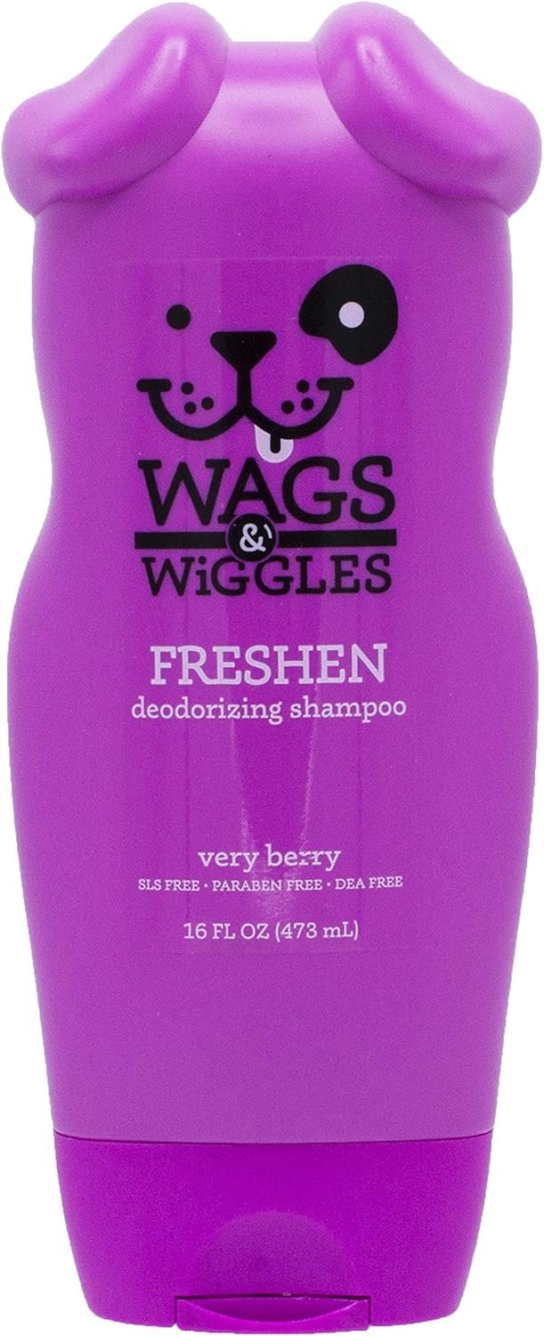 Wags & Wiggles Freshen Deodorizing Dog Shampoo, Very Berry Scent – Odor-Eliminating Dog Shampoo with Tea Tree Oil and Safflower for Smelly Dogs, Paraben Free, 16 Fl Oz