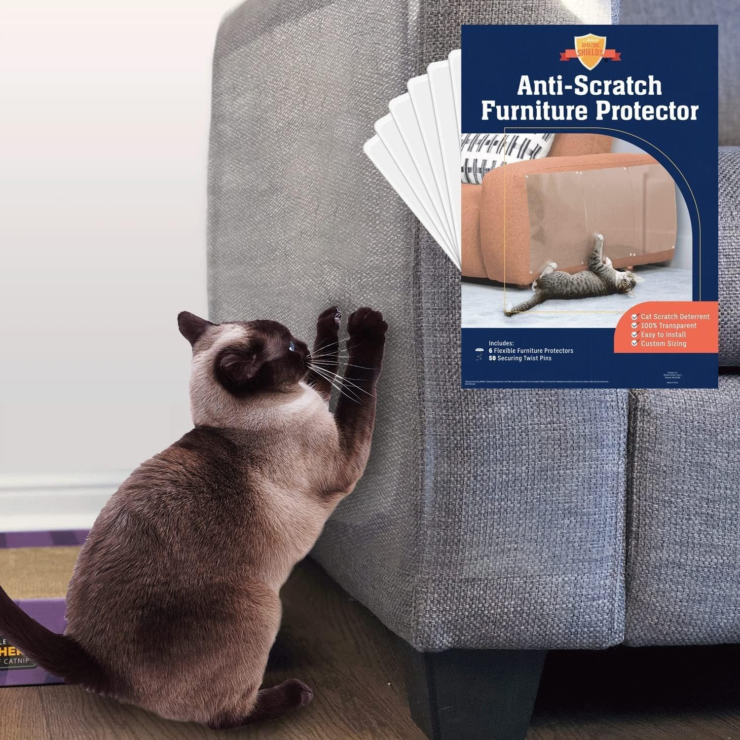 6 Pack XL Anti Cat Scratch Furniture Protector – Couch Protector from Cat Claws w/Twist Pins, Clear, Easy-to-Apply Scratching Deterrent and Shield for Sofa (Not for Leather, Velvet, Microfiber)
